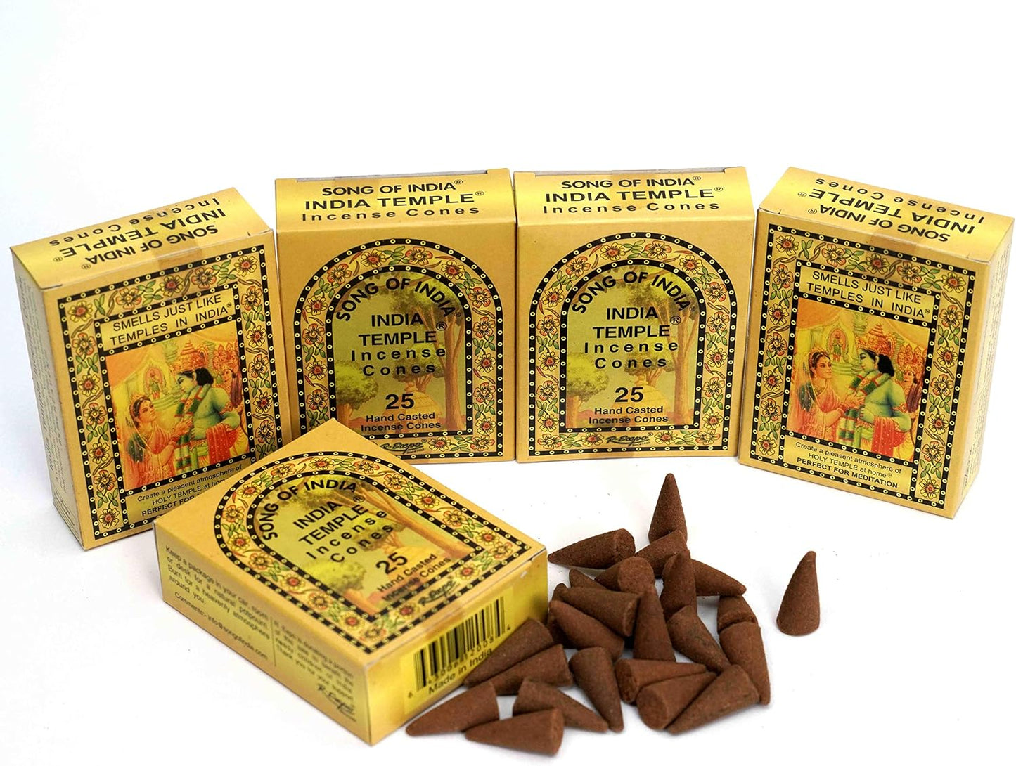 Song of India - India Temple Incense Cones | Natural, Handmade, & Aromatic | 5 x 25 = 125 Cones Total | Sandalwood, Low-Smoke Incense for Wellness, Meditation, Yoga, Relaxation, Spiritual Practices