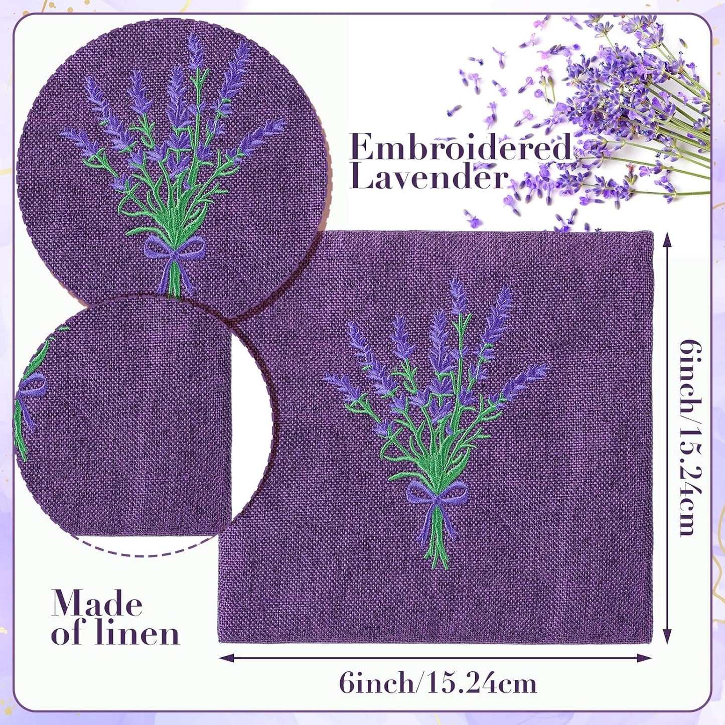 SATINIOR 6 Pack 6 x 6 Inch Embroidered Lavender Sachet Bags Sachet Empty Bags with Hook and Loop Fasteners Cotton Linen Pouch for Filling Spice Jewelry for Wedding (Purple,Novelty)