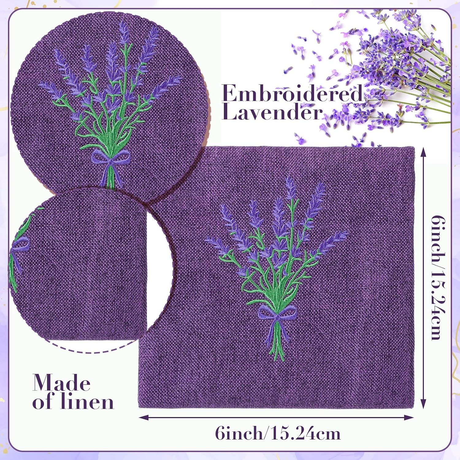 SATINIOR 6 Pack 6 x 6 Inch Embroidered Lavender Sachet Bags Sachet Empty Bags with Hook and Loop Fasteners Cotton Linen Pouch for Filling Spice Jewelry for Wedding (Purple,Novelty)