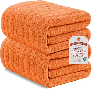RIVERSIDE Pack of 2 Extra Large Bath Sheet Towels, 35 x 70 Inches, 600 GSM, Ribbed Stripe, 100% Cotton - Super Soft, Highly Absorbent & Quick Dry for Bathroom, Spa & Hotel, Orange