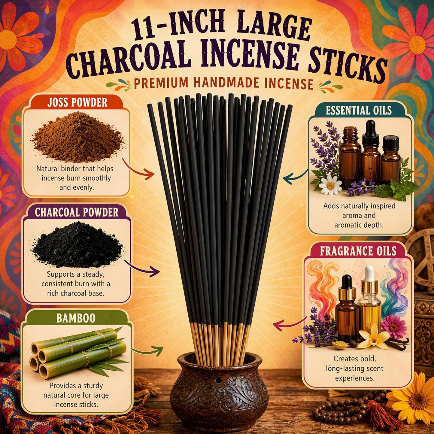 Coco Mango Incense Sticks 11" - 1 Bundle 85 to 100 Sticks - Smooth and Clean Long Burn Time, 45 to 60 Minutes.