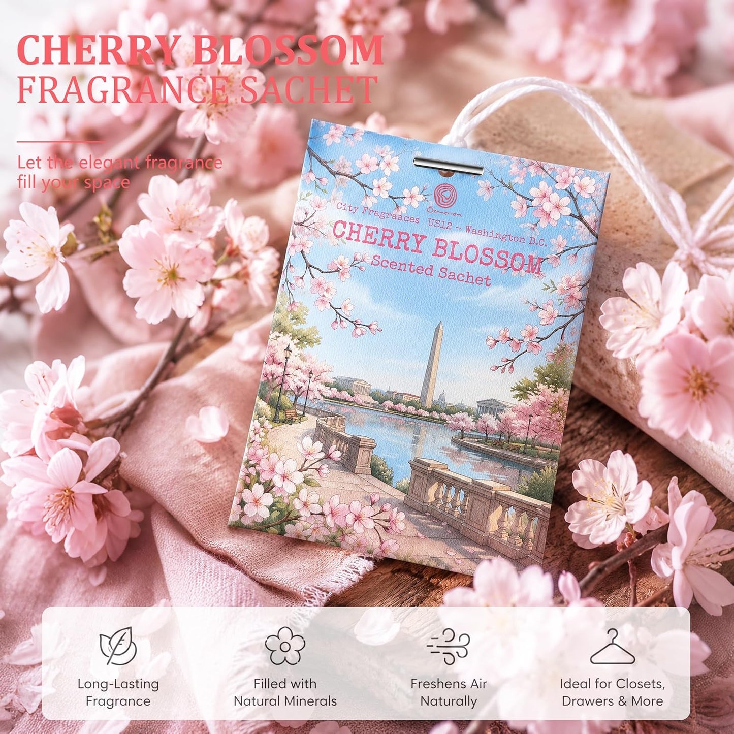 US12-Washington D.C. Cherry Blossom Sachets for Drawers & Closets, 12 Pack | Car Air Freshener sachets with D.C. Cherry Blossom scent. Freshens closets, drawers, cars and small spaces.