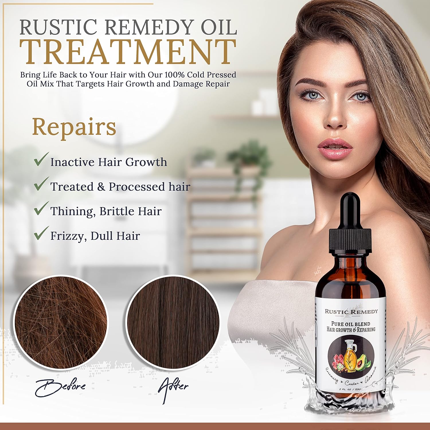 100% Organic, Cold-Pressed Rosemary, Castor and Avocado Oil | Growth & Frizz Repair Treatment (2 oz) | 100% Natural, Pure Oil for Dry Damaged Hair for Women and Men