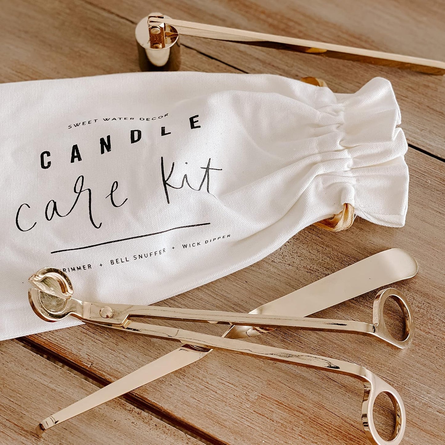 Sweet Water Decor Candle Care Kit | Golden Candle Accessory Set Includes Wick Trimmer, Wick Dipper, and Bell Snuffer Tools with Drawstring Bag for Candle Lovers (Gold)