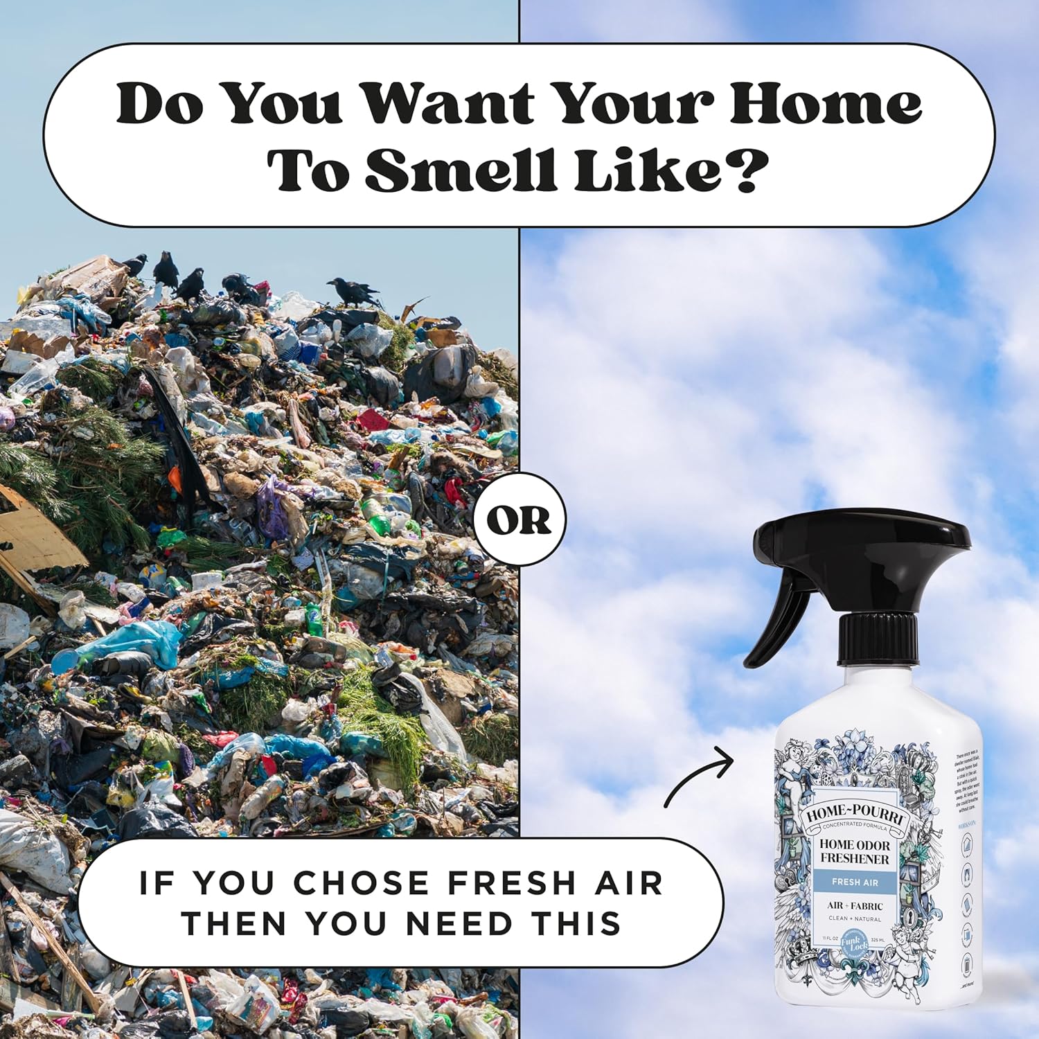 Home-Pourri Air + Fabric Multi-Purpose Odor Freshener Spray, 11 Fl Oz, Up to 570 Uses, Fresh Air Scent, Room Deodorizer with Essential Oils, for Carpets, Couches, Bedding & Curtains