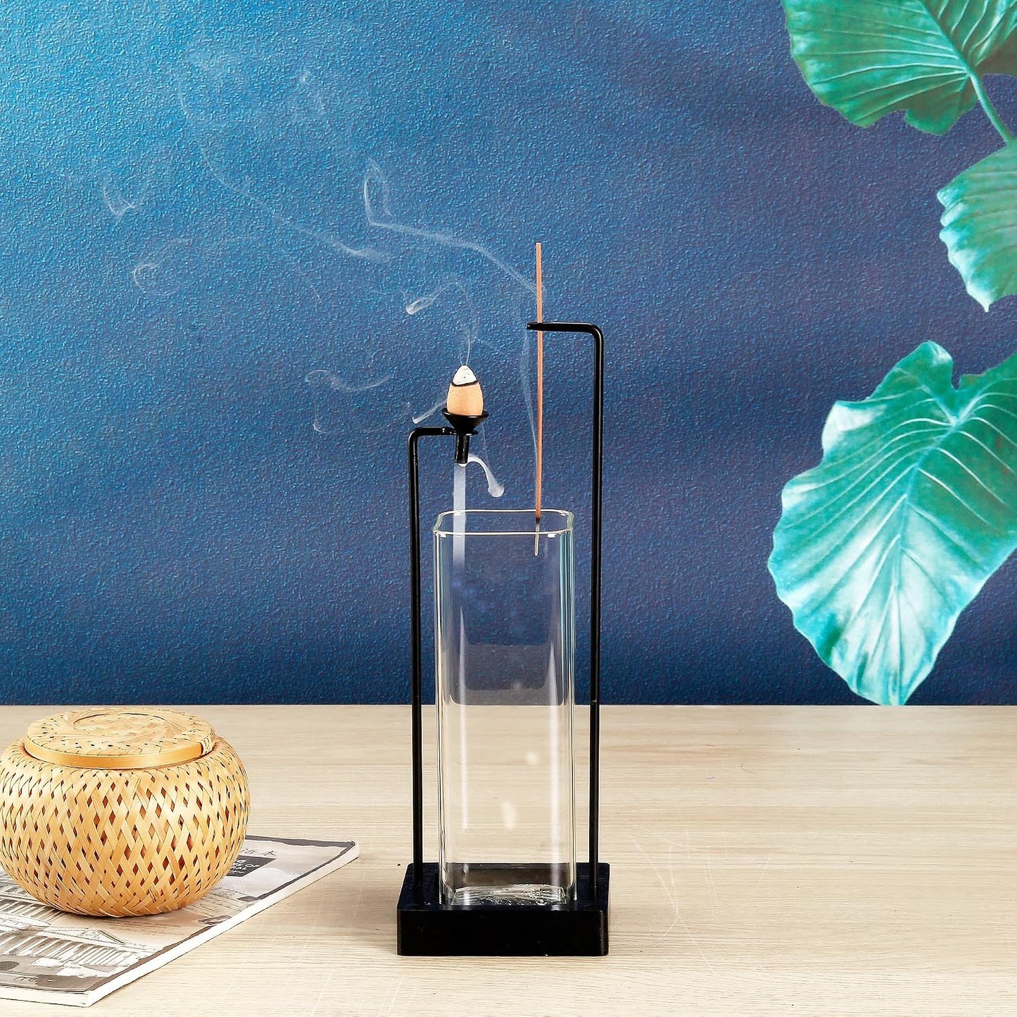 Incense Holder for Sticks and Incense Burner for Cone Incense Set, Upside Down Incense Burner with Removable Glass Ash Catcher Anti-Ash Flying Black