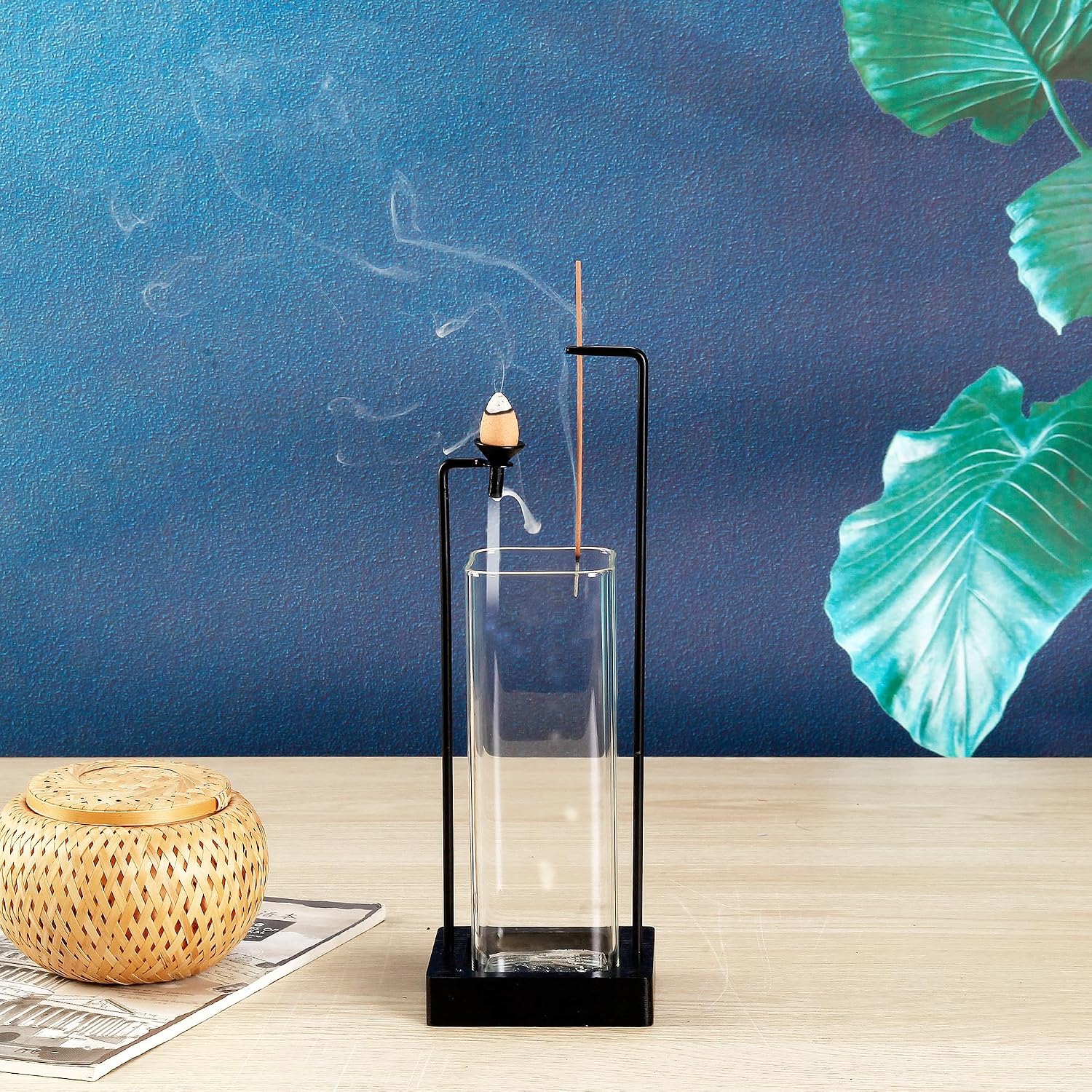 Incense Holder for Sticks and Incense Burner for Cone Incense Set, Upside Down Incense Burner with Removable Glass Ash Catcher Anti-Ash Flying Black