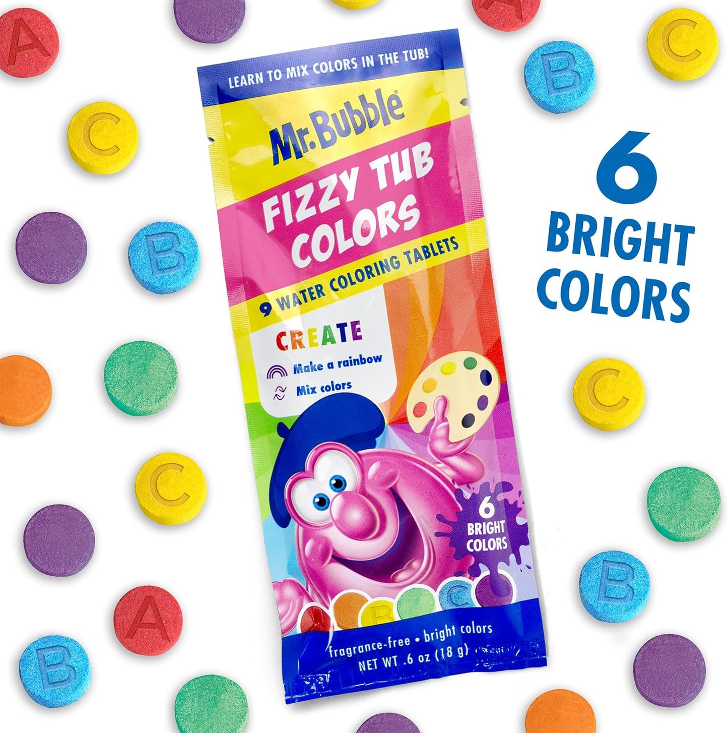 Mr. Bubble Fizzy Tub Colors Bath Water Coloring Tabelets, 6 Bright Colors, Red, Orange, Yellow, Purple, Blue and Green, Fragrance Free (12 Packets, 9 Tablets Each)