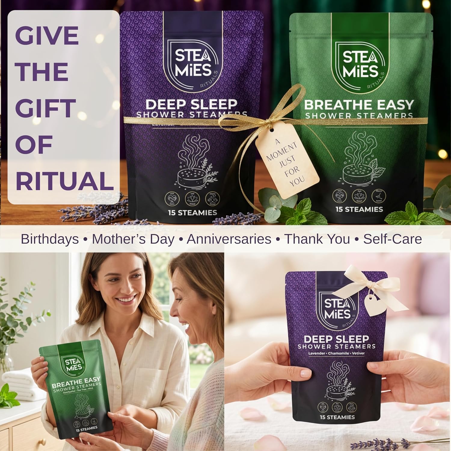 STEAMIES Lavender Shower Steamers Aromatherapy Deep Sleep 15 Pack – Premium Shower Bombs with Chamomile & Vetiver 100% Essential Oils, Shower Tablets for Sleep, Relaxation & Stress Relief
