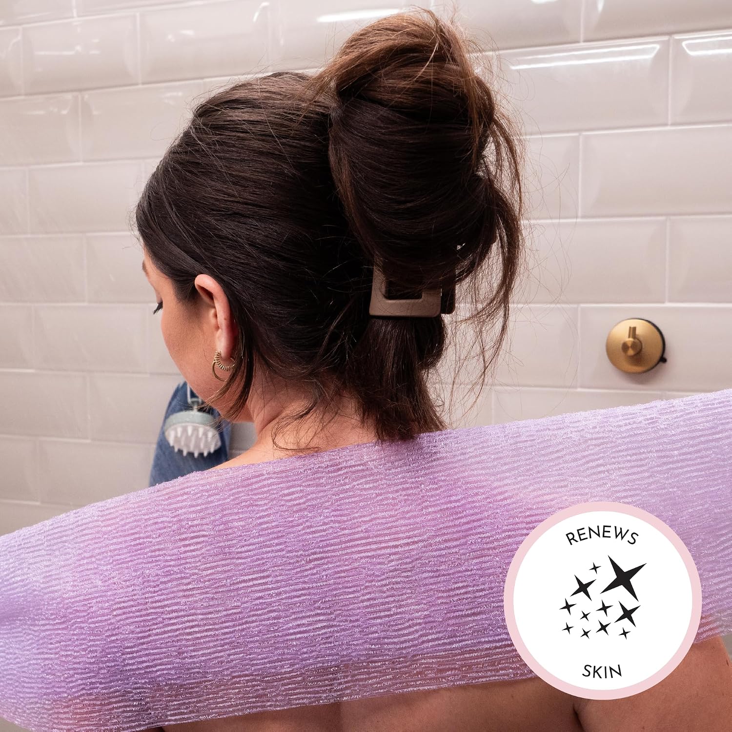 S&T INC. Back Scrubber for Shower, Exfoliating Body Scrubber or Bath Exfoliating Towel for Skin Care, 11.8 Inches x 35.4 Inches, Assorted Purple, 3 Pack
