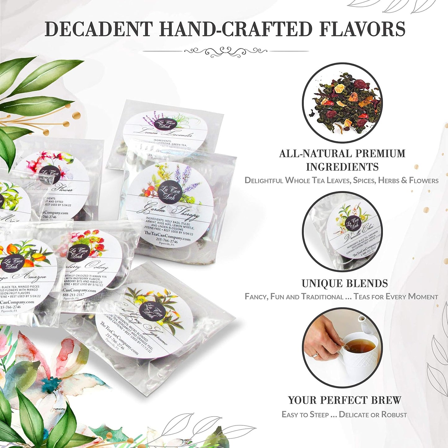 Lemon Lavender Green Tea by La Tea Dah, Antioxidant Rich Tea Made with Lightly Caffeinated Green Tea Leaves, Lemongrass, & Lavender Flowers, Floral Tea Gift Collection (12 Sachets)