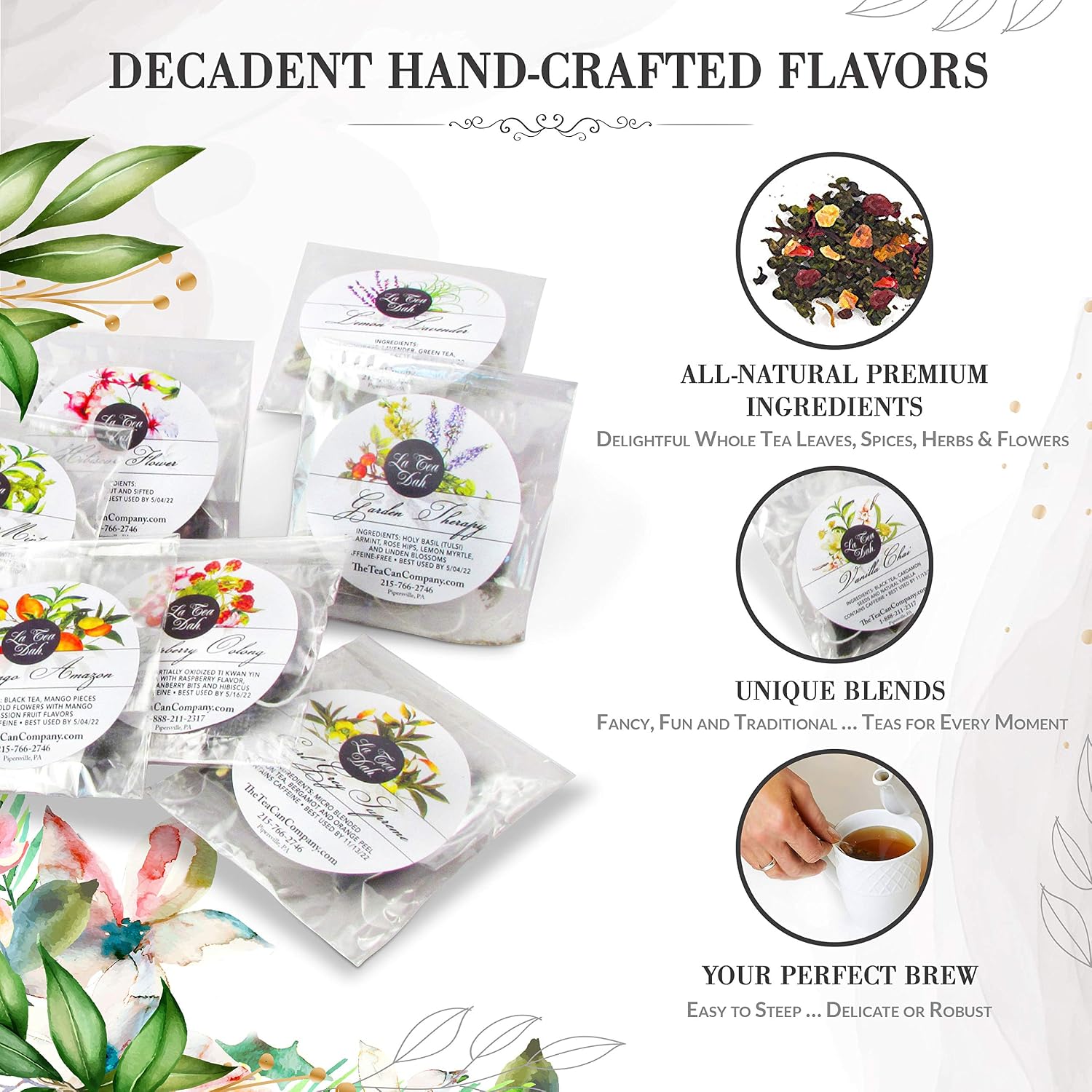 Lemon Lavender Green Tea by La Tea Dah, Antioxidant Rich Tea Made with Lightly Caffeinated Green Tea Leaves, Lemongrass, & Lavender Flowers, Floral Tea Gift Collection (12 Sachets)