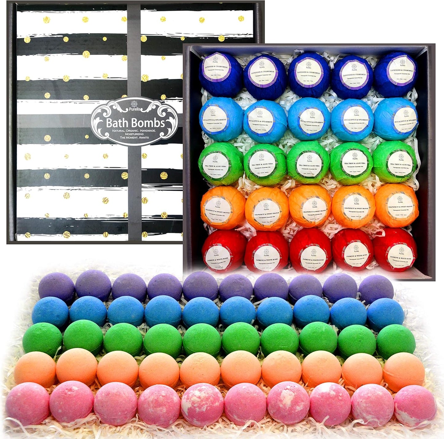 Relaxing Bath Bombs for Men & Women! 50 Wholesale Bath Bombs Individually Wrapped. Bulk Aromatherapy Essential Oil Bath Bombs for Adults Teens Kids! Bath Fizzies #1 Best Pampering Gifts for Women!