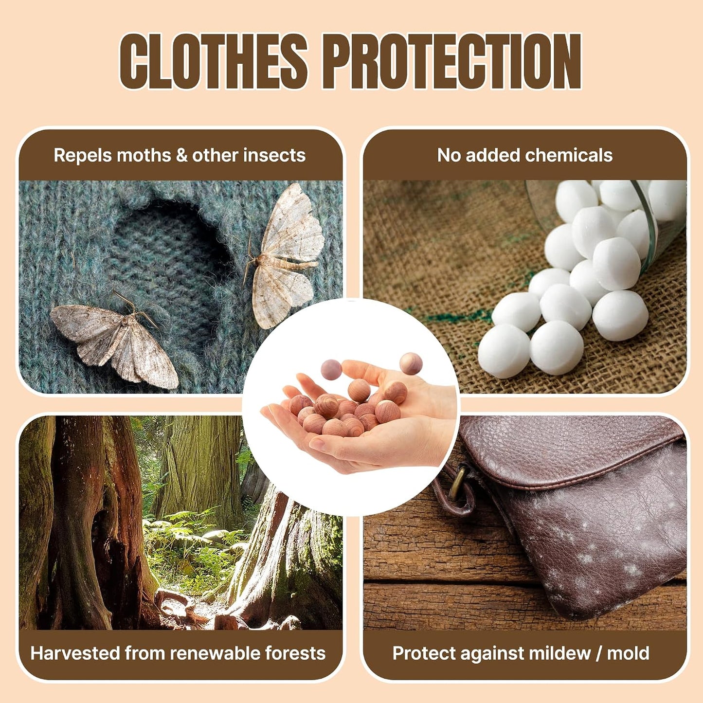 50 Cedar Balls for Clothes - Fresh Smell for Closets and Drawers - Protection for Garments - Cedarwood Closet Freshener & Protects from Moths - Wood Block for Drawer & Storage