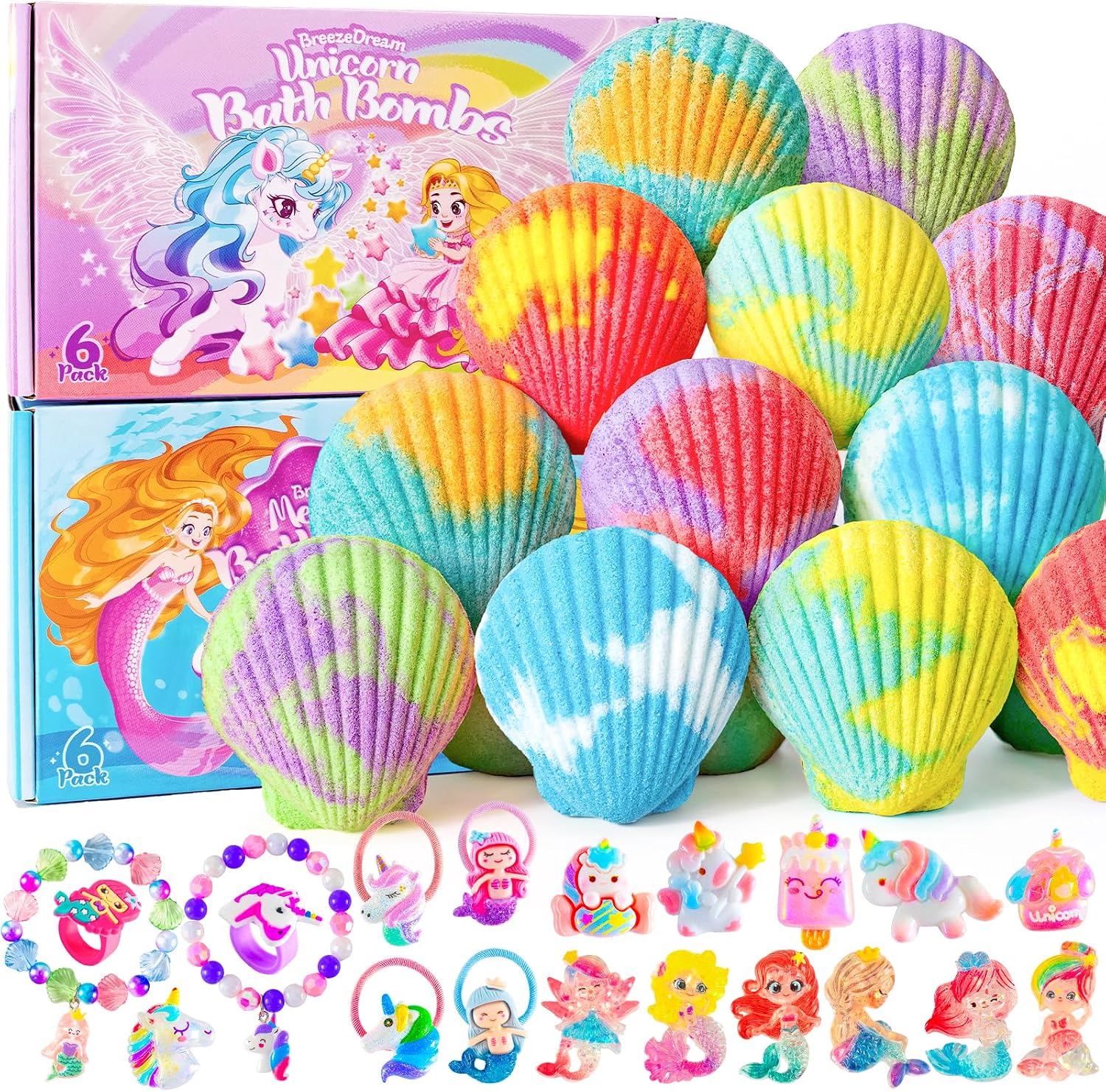 Shell Bath Bombs for Girls – 12 Pack Child-Safe Aromatherapy Bath Bombs with 20 Surprise Toys Inside, 6 Fruity Scents in 2 Gift Boxes (Mermaid & Unicorn Themes), Christmas Gift for Kids