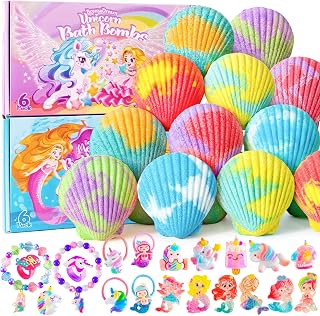 Shell Bath Bombs for Girls – 12 Pack Child-Safe Aromatherapy Bath Bombs with 20 Surprise Toys Inside, 6 Fruity Scents in 2 Gift Boxes (Mermaid & Unicorn Themes), Christmas Gift for Kids