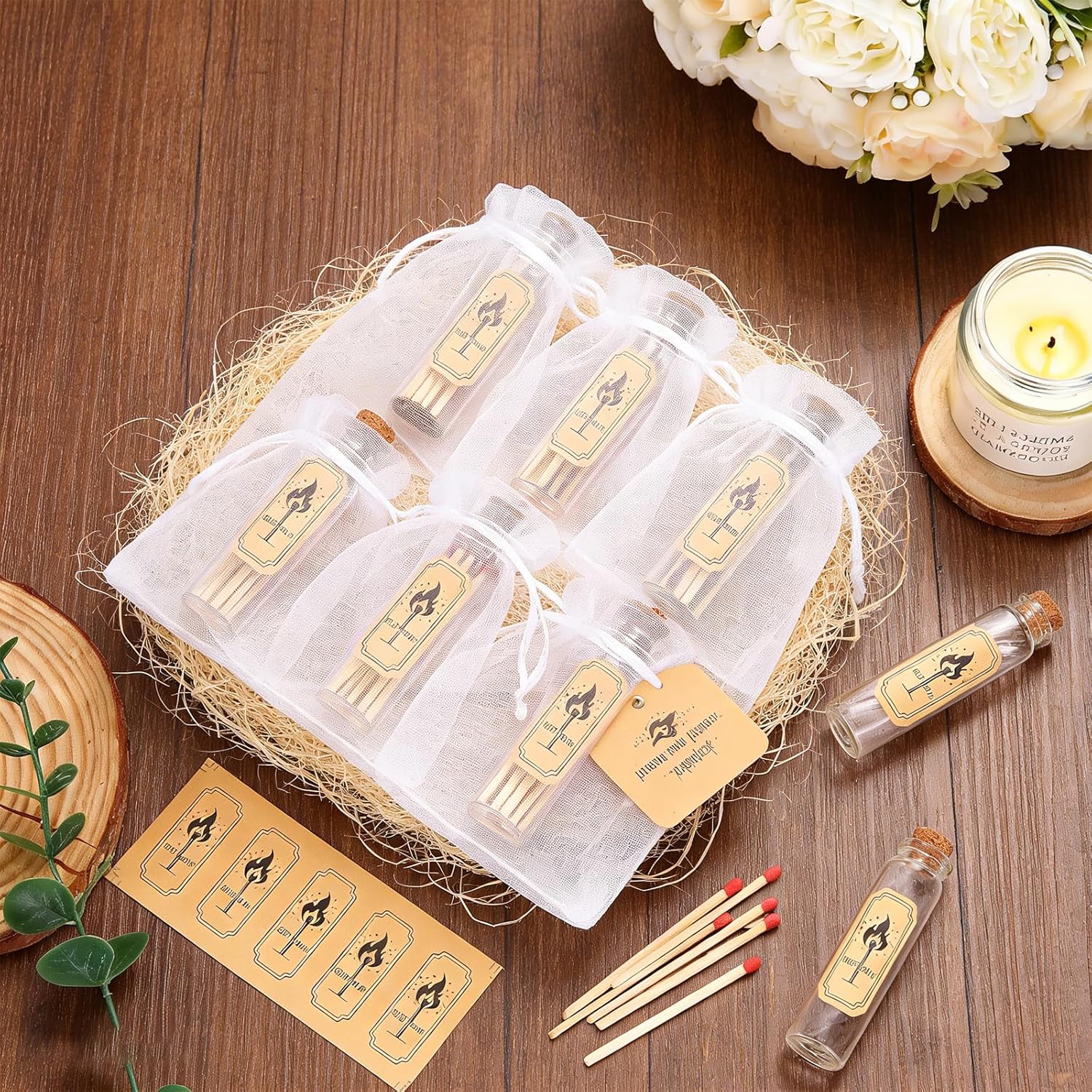 24 Set Glass Match Holder with Striker sticker & Cork Top, Clear Decorative Wedding Matches Jars Bulk，Matches in a jar with striker for Weddings Bridal Showers DIY Custom Party Favors Guests Gifts