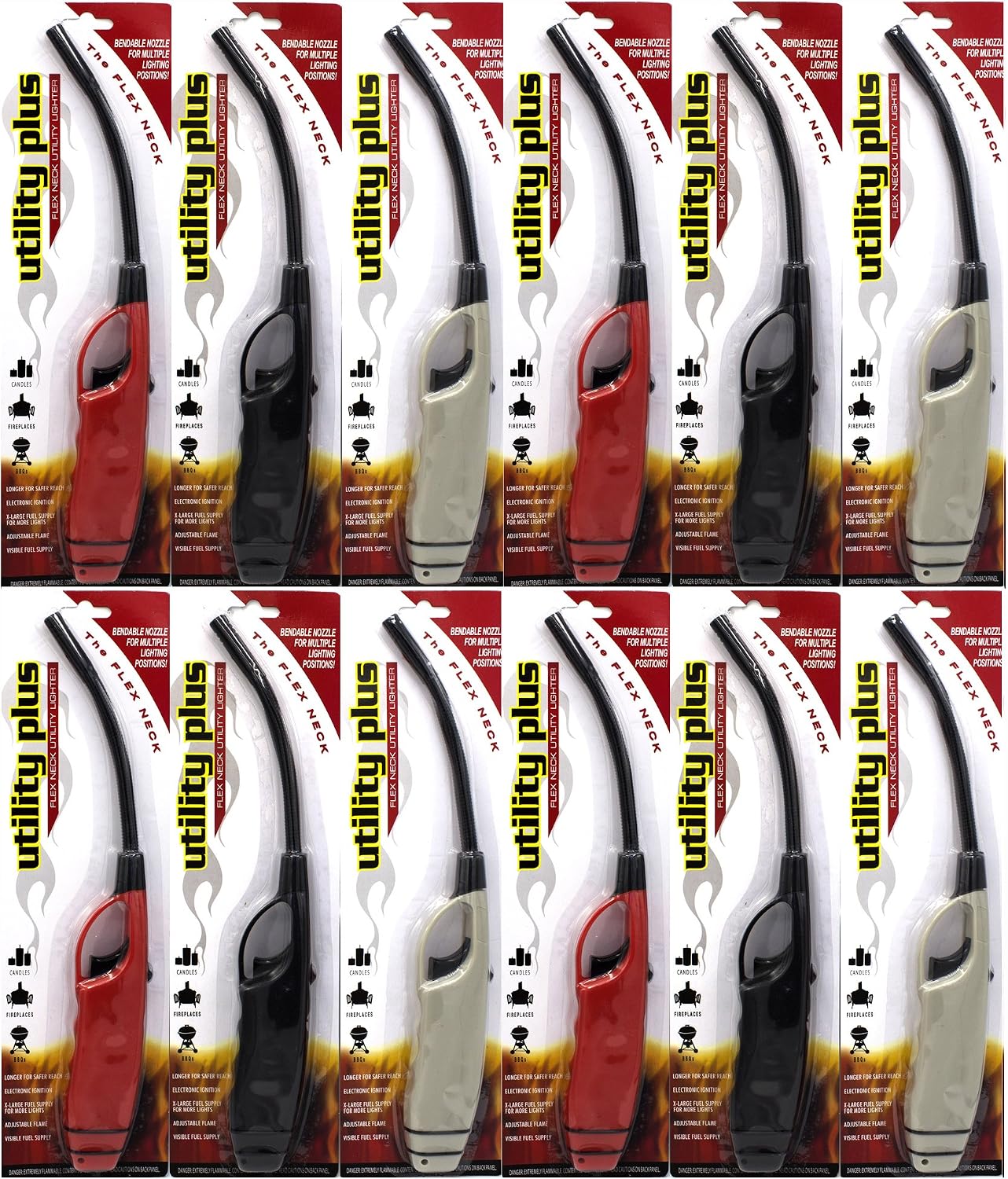 Flexible Neck Multi Purpose Long Neck Lighters, Ideal for Candle Lantern BBQ Grilling Fireplace Campfires Hiking, Utility Lighters, Bulk Pack of 12