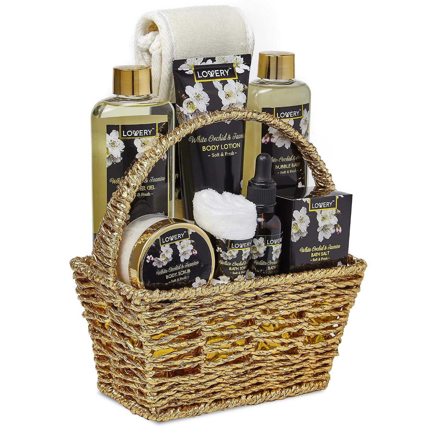 Bath and Body Gift Basket for Women – Orchid & Jasmine Home Spa Set with Body Scrubs, Lotions, Oils, Gels and More - Care Package for Women & Men - 9 Piece Womens Gifts Set