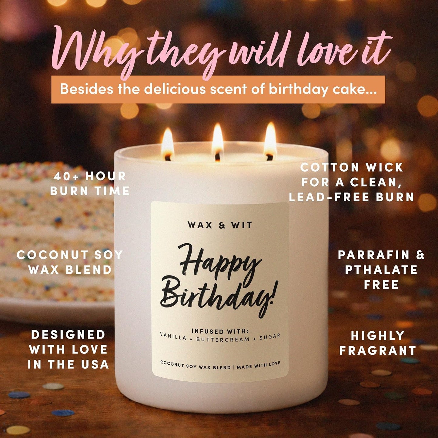 Wax & Wit Happy Birthday Candle for Women – Birthday Cake Scented 3-Wick, Vanilla Buttercream, Large 14.5 oz Coconut Soy Wax, 60+ Hour Burn, Unique Gift for Her, Best Friend