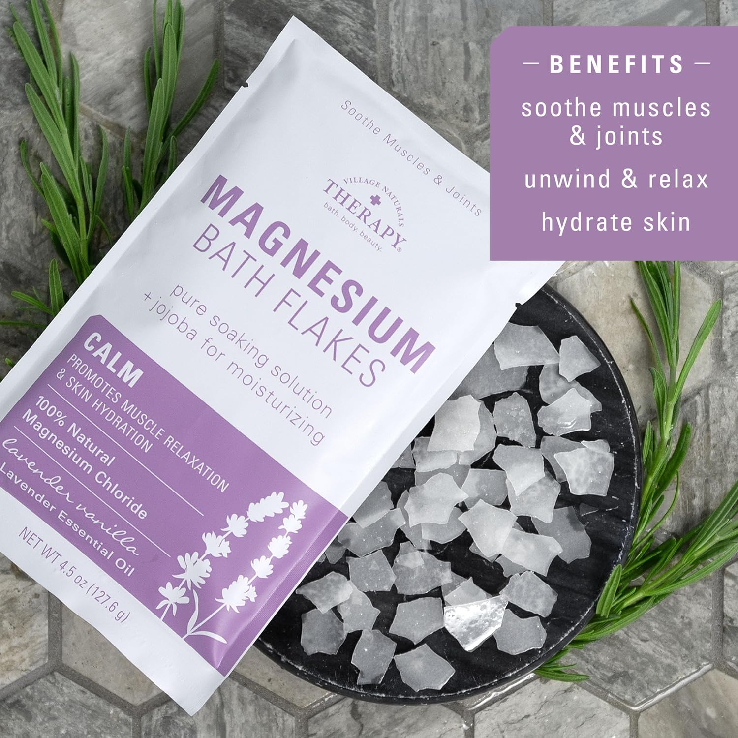 Village Naturals Therapy Calm Magnesium Bath Flakes, Lavender Vanilla Scent, 4.5 oz, Pack of 10