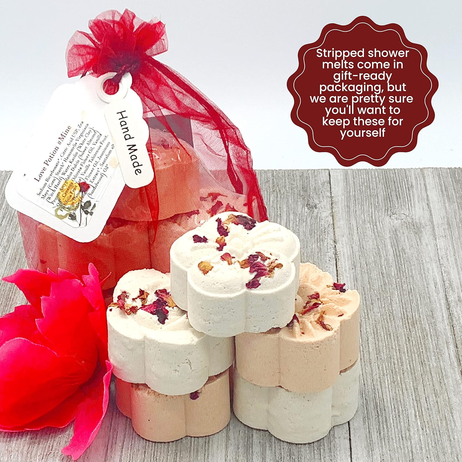 LOVE POTION #MINE Melting Shower Bombs w/Rose Petals (5PK) - Ylang Ylang, Jasmine, Vanilla Romance Essential Oil Blend – Christmas Gifts for Women – Self Care and Relaxation – Stress Relief