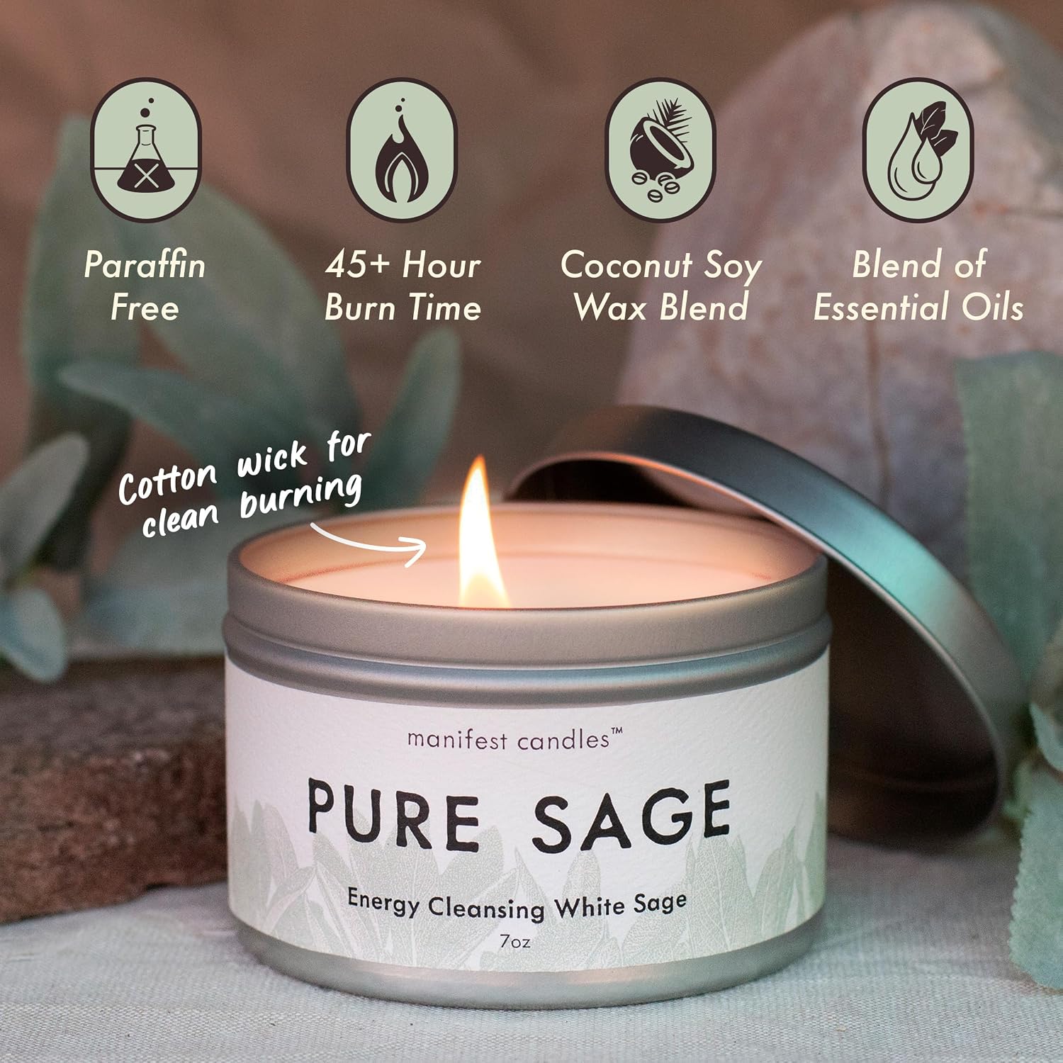Manifest Candles, White Sage Candles for Cleansing House Negative Energy, 45 Hour Burn, Pure Sage Smudge Candle, Positive Energy Meditation Candle, Aromatherapy Candle, Spiritual Gifts, Healing Sage