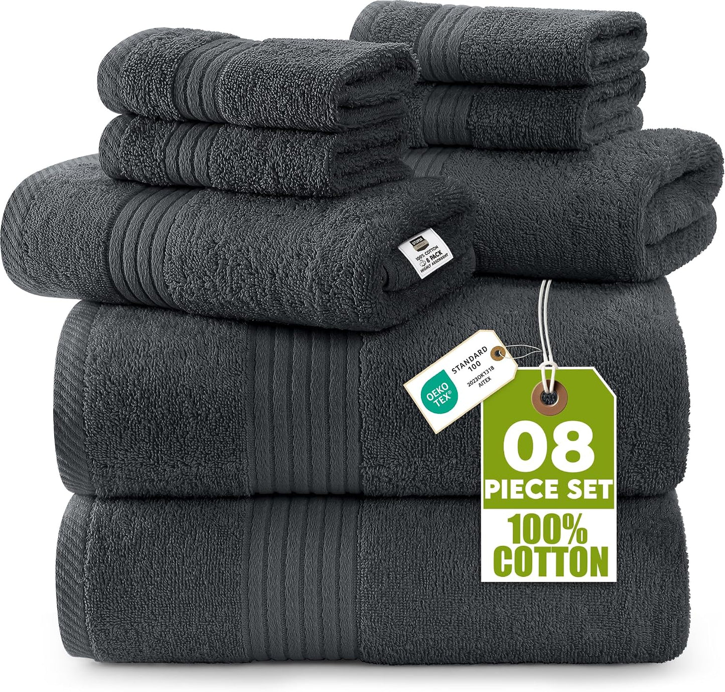 Utopia Towels 8 Piece Premium Towel Set, 2 Bath, 2 Hand, and 4 Washcloths, 100% Ring Spun Cotton, Highly Absorbent Towels for Bathroom, Sports, and Hotel, Grey