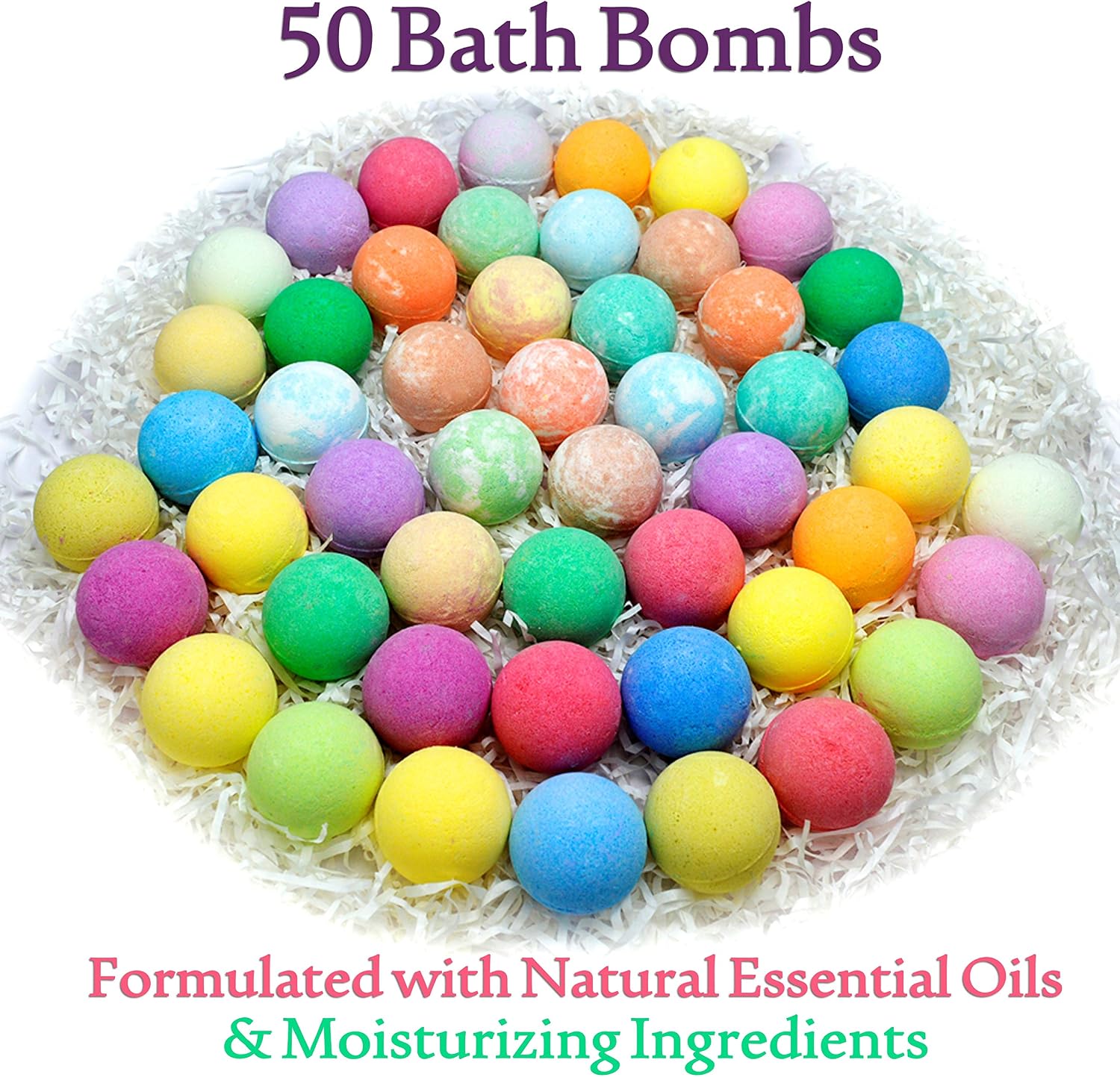 Pure Parker Natural Bath Bombs Bulk 50 Pack with Essential Oils - Moisturizing Gift Set for Women with Shea Butter - Individually Wrapped for Freshness