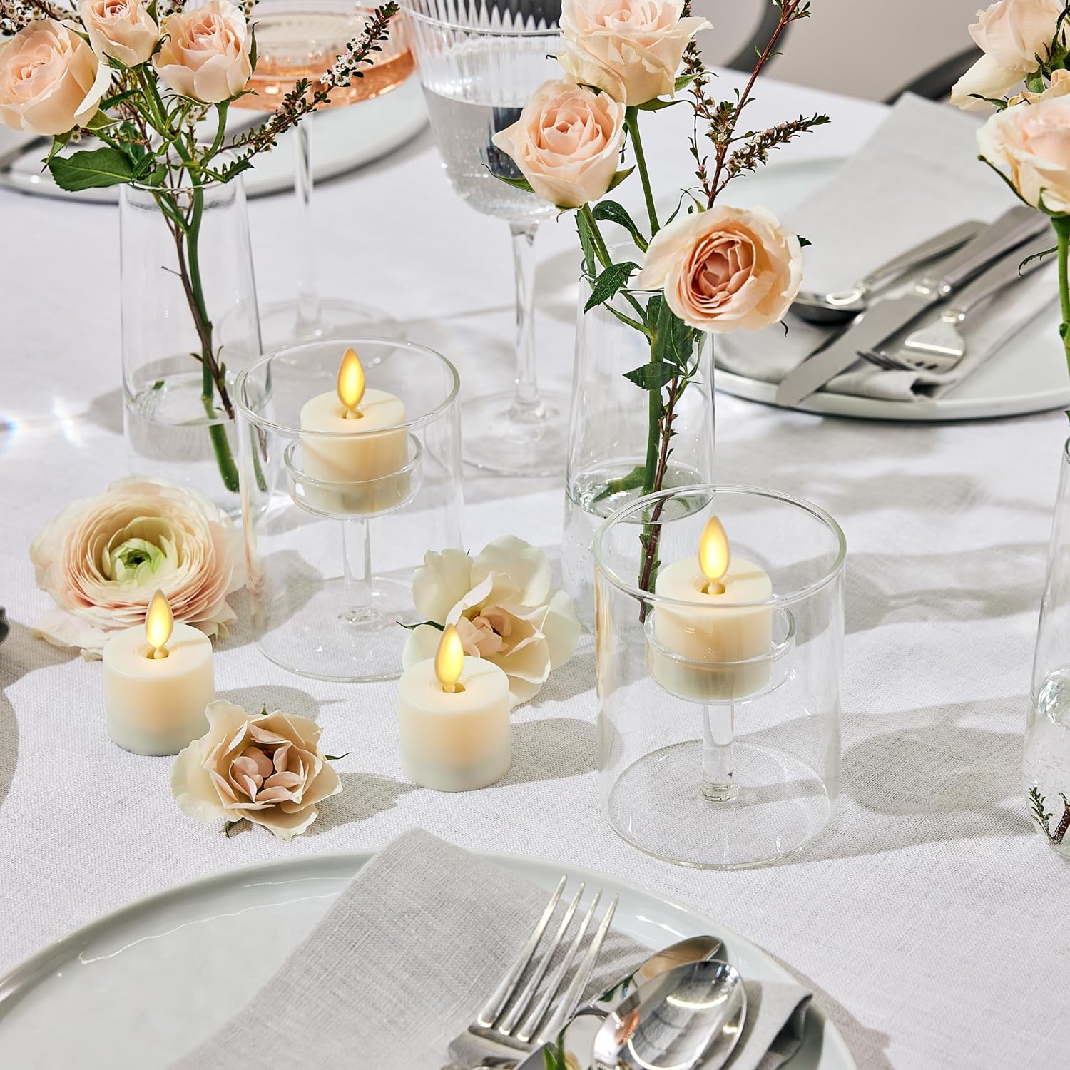 Luminara Flickering Flameless Pearl Ivory Tealights - Warm LED Light Flame Votives - Battery Operated Decor for Dining Room Table Centerpieces, Fireplace Mantel, Dinner Party, Reception - Set of 4