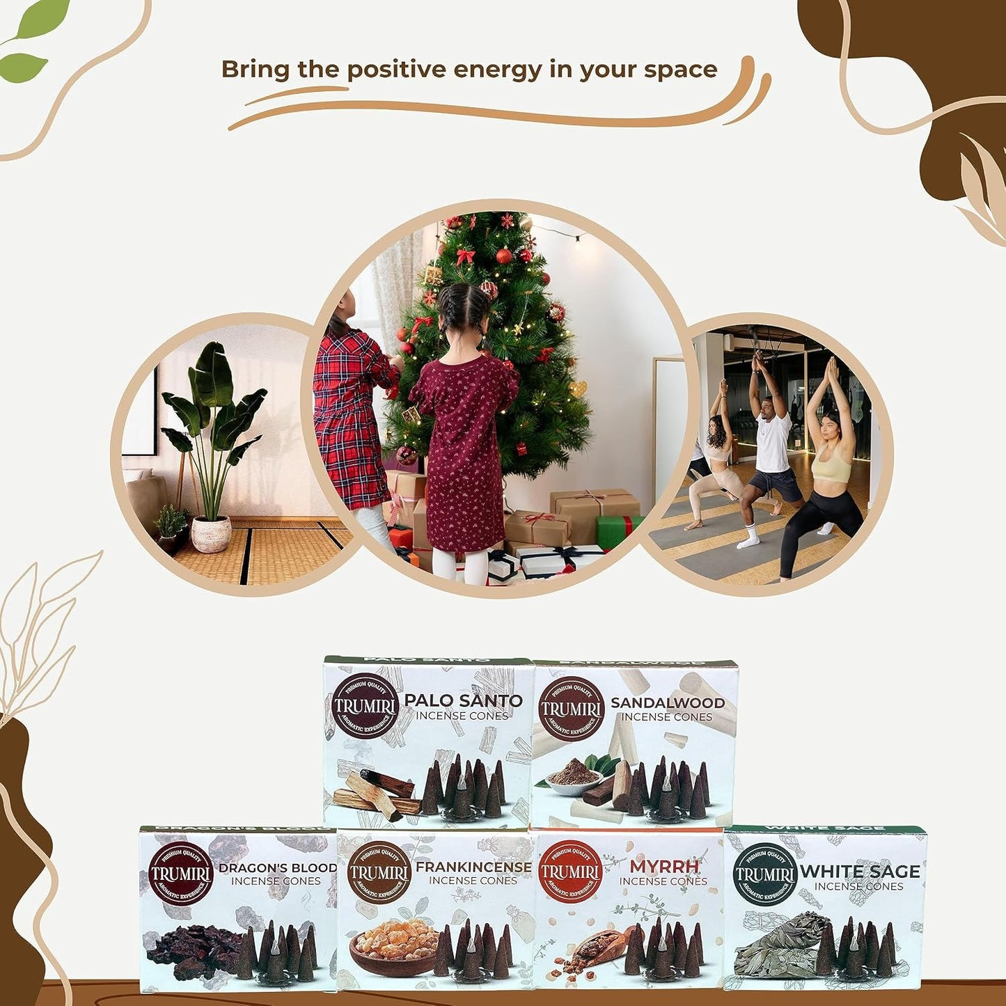Trumiri Woody Incense Cones - Variety Pack - Total 60 Cone Incense (6 Scents x 10 Conos) - White Sage, Palo Santo, Dragons Blood, Sandalwood - Inscents-Cones Scented - Insense Cones - Incent Cone