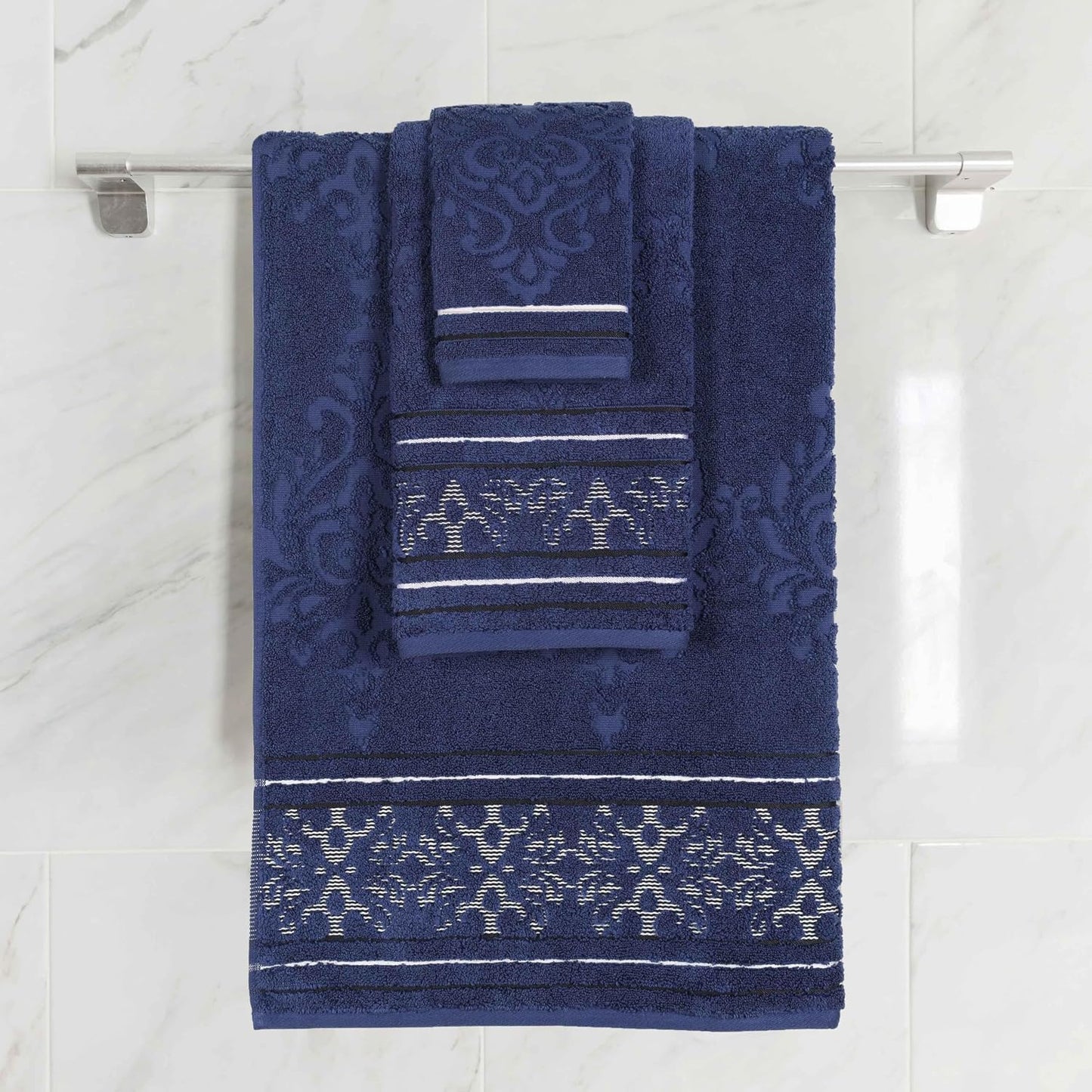 Superior Cotton 3 Piece Towel Set, Includes 1 Bath, 1 Hand, 1 Washcloth/Face Towel, Quick Dry, Home Essentials, Shower, Spa, Luxury Plush Soft Absorbent Towels, Zero Twist, Jacquard Floral, Navy Blue