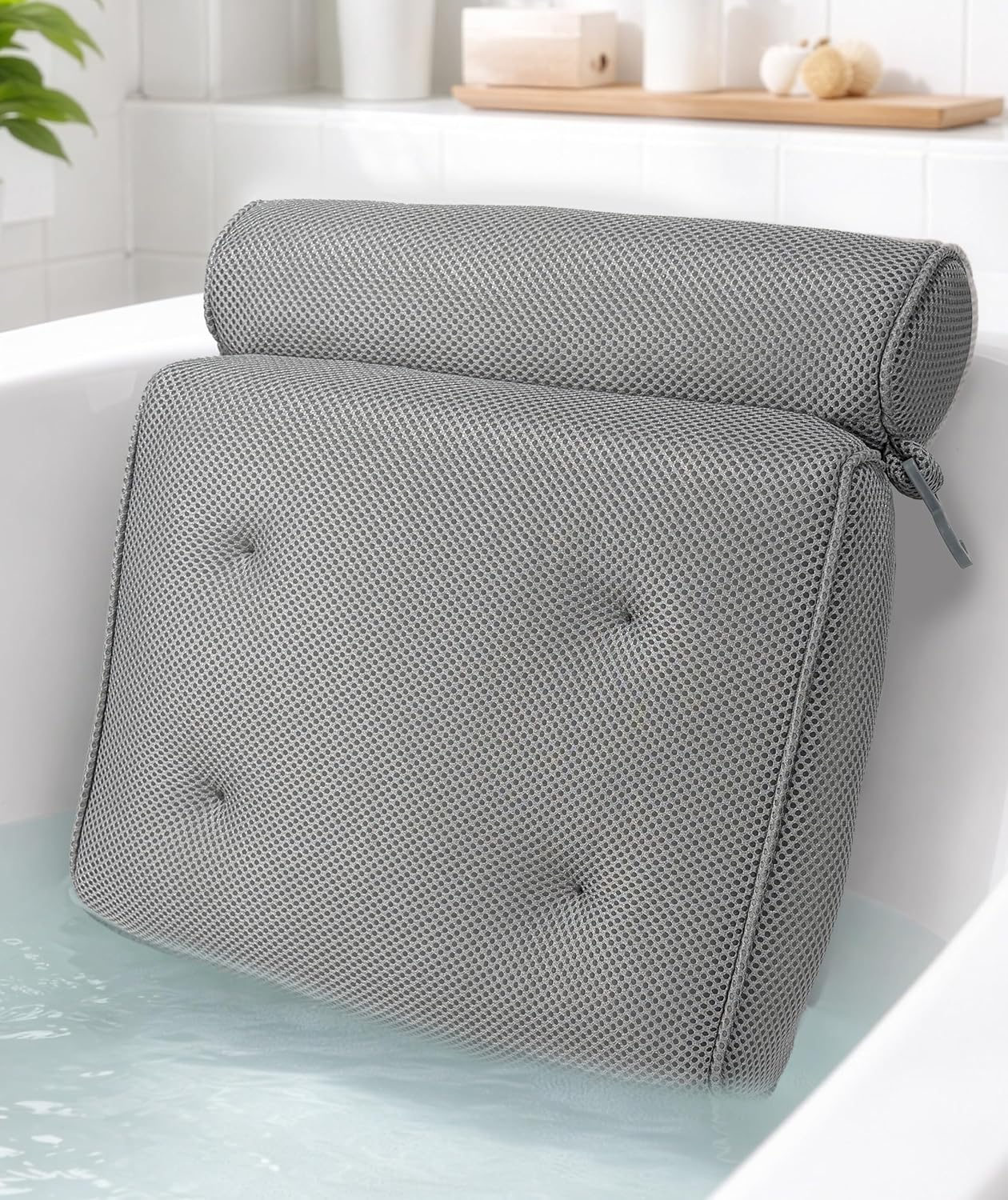 Everlasting Comfort Luxury Bath Pillows for Tub with Head and Neck Support - Non-Slip Bathtub Pillow with Suction Cups, Quick-Drying Mesh & Drying Hook - Jacuzzi & Spa Accessories for Women - Gray