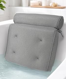 Everlasting Comfort Luxury Bath Pillows for Tub with Head and Neck Support - Non-Slip Bathtub Pillow with Suction Cups, Quick-Drying Mesh & Drying Hook - Jacuzzi & Spa Accessories for Women - Gray