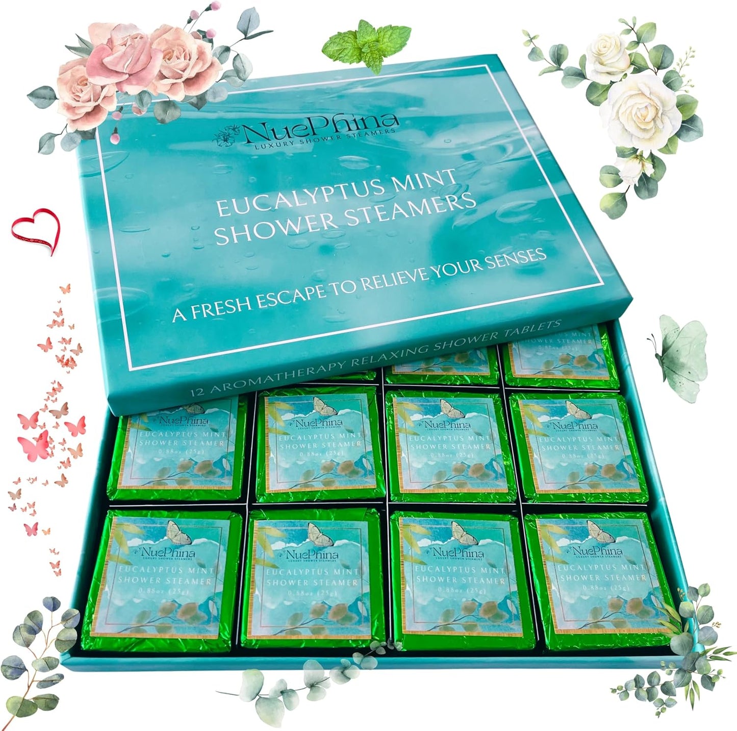 Luxury Eucalyptus and Mint Shower Steamers, 100% Natural Ingredients with Pure Essential Oils. These Steamers Will Create a Fresh Escape to Relieve Your Senses. A Premium Self-Care Gift for Women