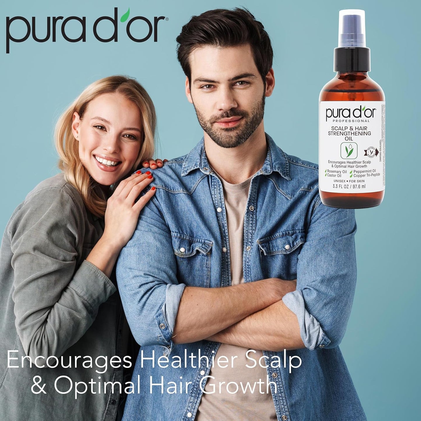 PURA D'OR Scalp & Hair Strengthening Oil (3.3 Oz) Supports Optimal Growth, Reduce Breakage, Nourish Roots for Healthier, Fuller, Thicker Hair - Rosemary, Castor & Peppermint Oil: Ayurvedic Hair Care