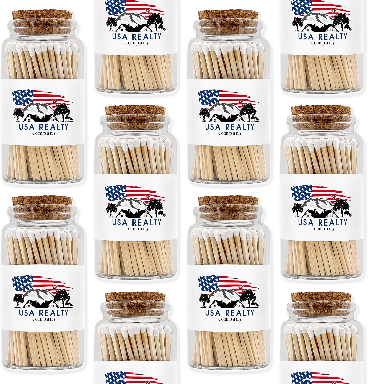 Custom Wooden Matches in a Jar with Striker - Realtor Swag, Real Estate Agent Marketing - Personalized Matches Bulk with Your Logo, Long Matches in Apothecary Glass Jar, Approx. 80 Safety Matches
