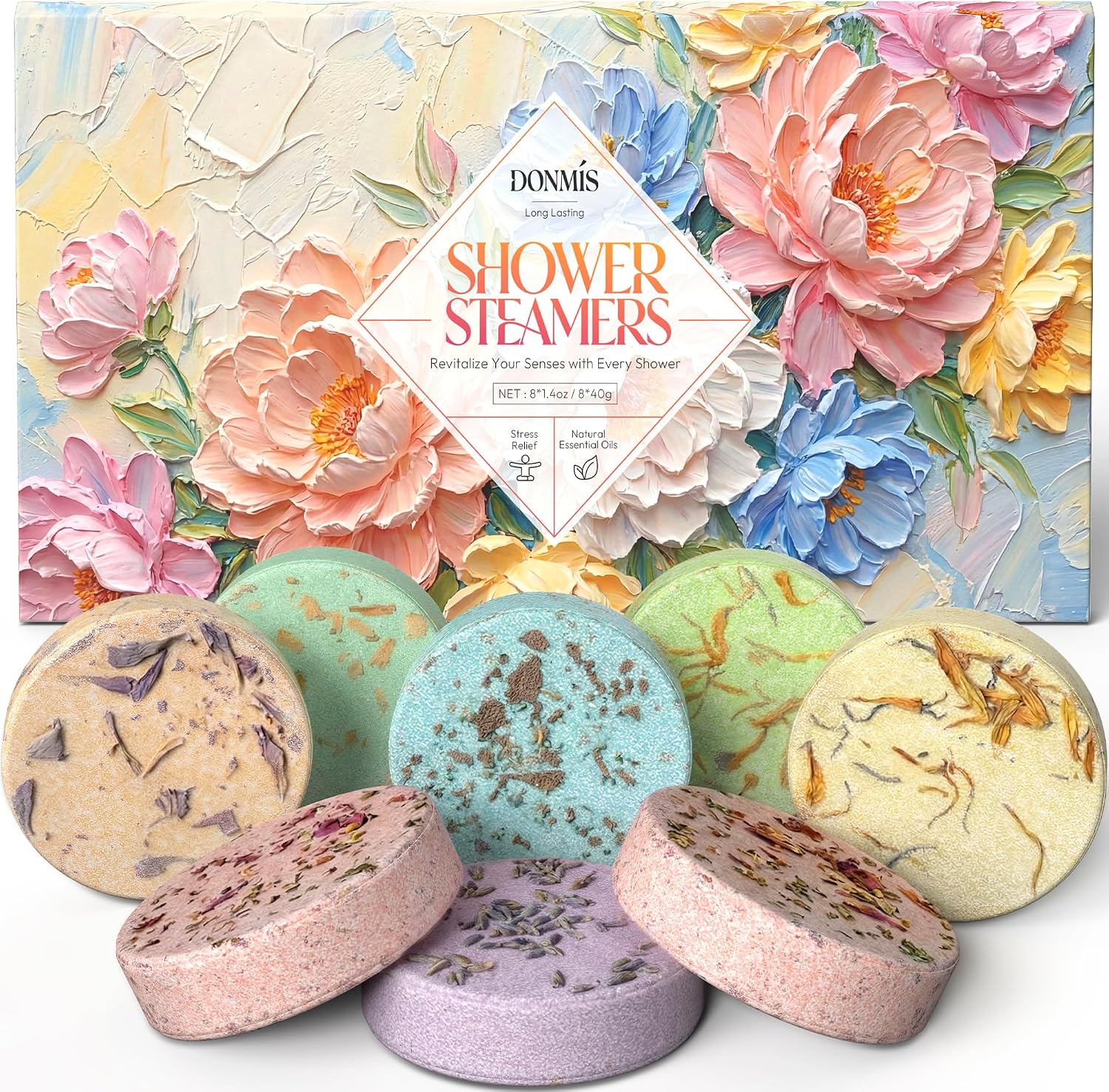 Shower Steamers Aromatherapy 8 Pack, Pastel Garden Style | Natural Essential Oil Shower Bombs, Self Care & Stress Relief, Birthday Gifts for Women and Men, Home Spa & Relaxation