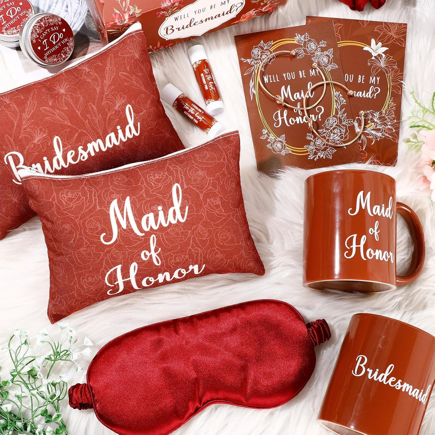 SiliFine 60 Pcs Bridesmaid Proposal Gifts Maid of Honor Gifts with Box Mug Makeup Bag Candle Lip Balm Scrunchies Pen Bracelet Eye Mask Card for Bridal Shower Bachelorette Party Wedding(Terracotta)