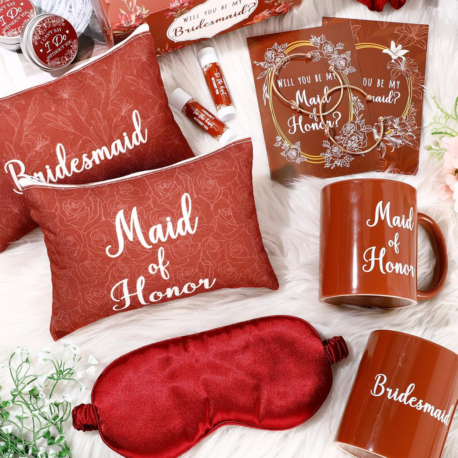 SiliFine 60 Pcs Bridesmaid Proposal Gifts Maid of Honor Gifts with Box Mug Makeup Bag Candle Lip Balm Scrunchies Pen Bracelet Eye Mask Card for Bridal Shower Bachelorette Party Wedding(Terracotta)