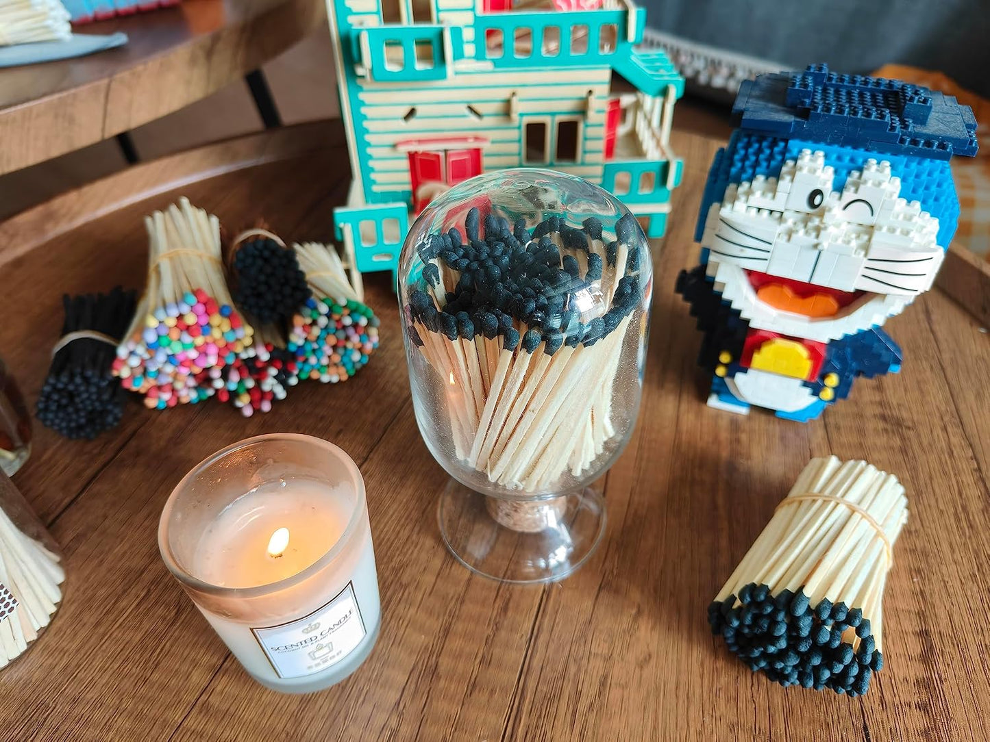 3'' Black Matches Included, Glass Match Holder with Striker, Glass Match Cloche with Striker, Matches in a Jar with Striker, Safety Matches Jar, Long Fireplace Matches for Fireplace BBQ Grill