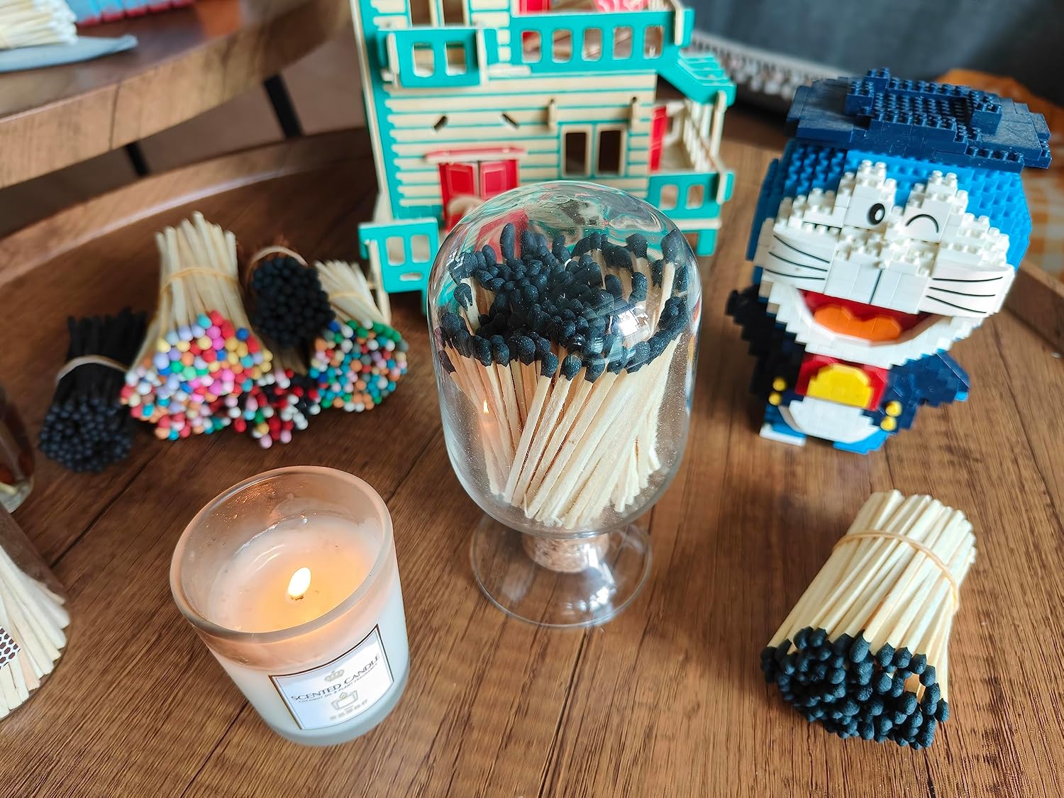 3'' Black Matches Included, Glass Match Holder with Striker, Glass Match Cloche with Striker, Matches in a Jar with Striker, Safety Matches Jar, Long Fireplace Matches for Fireplace BBQ Grill