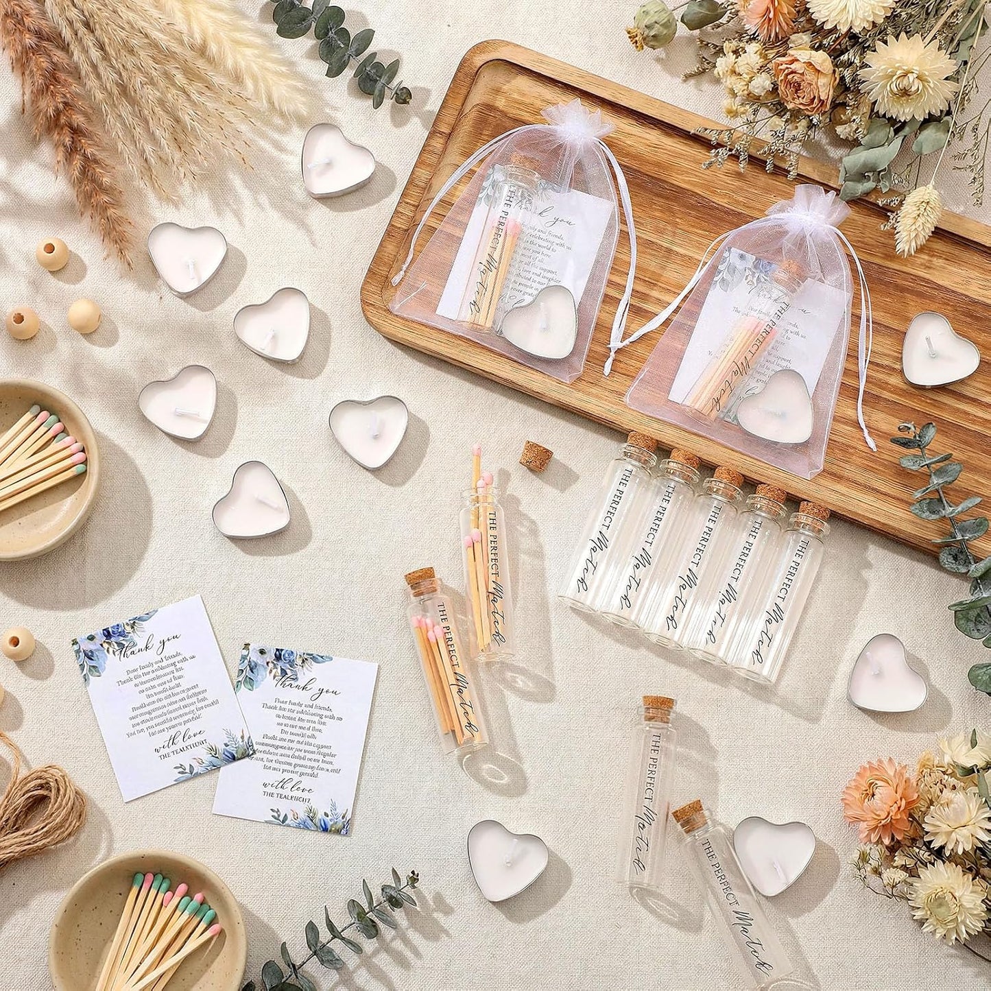 50 Sets Wedding Party Favors for Guests Bulk Including Heart Shaped Candles and Empty Matches Jars with Cork Top Thank You Cards and Organza Bags for Wedding Bridal Shower Party (Blue Flower)