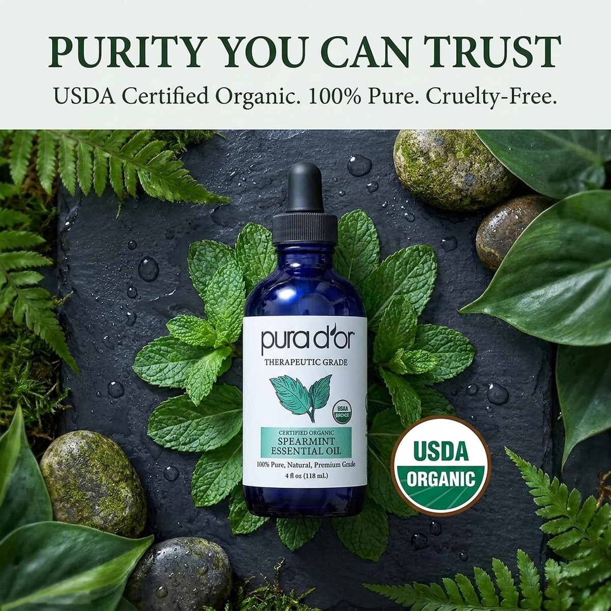 PURA D'OR Organic Spearmint Essential Oil (4oz with Glass Dropper) USDA Certified 100% Pure & Natural Therapeutic Grade