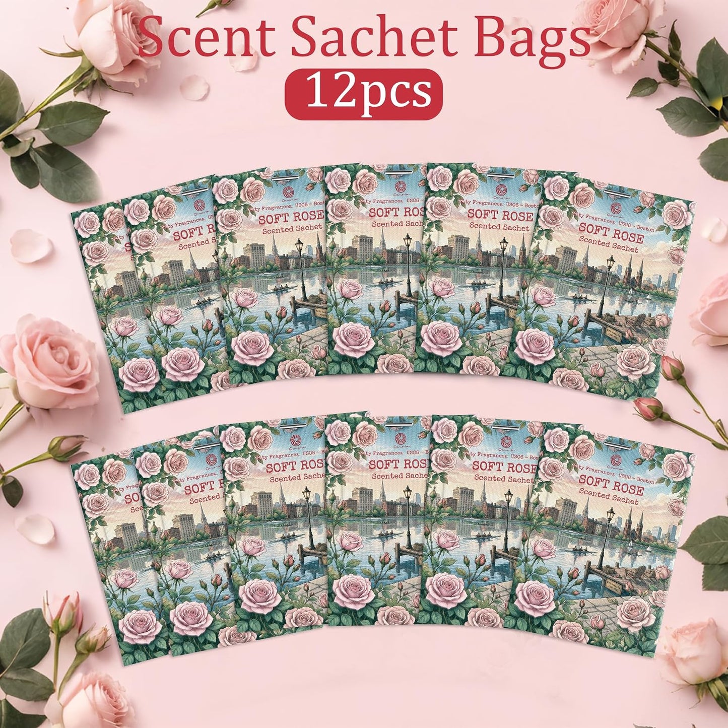 US06-Boston Soft Rose Sachets for Drawers, Closets & Cars, 12 Pack | Car Air Freshener sachets with Boston Soft Rose scent. Freshens closets, drawers, cars and small spaces.