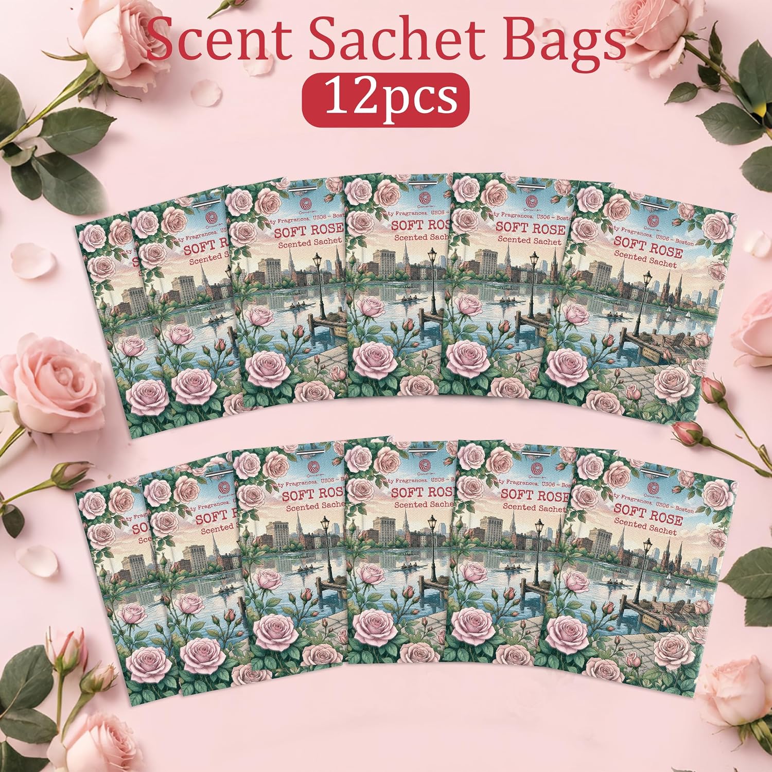 US06-Boston Soft Rose Sachets for Drawers, Closets & Cars, 12 Pack | Car Air Freshener sachets with Boston Soft Rose scent. Freshens closets, drawers, cars and small spaces.