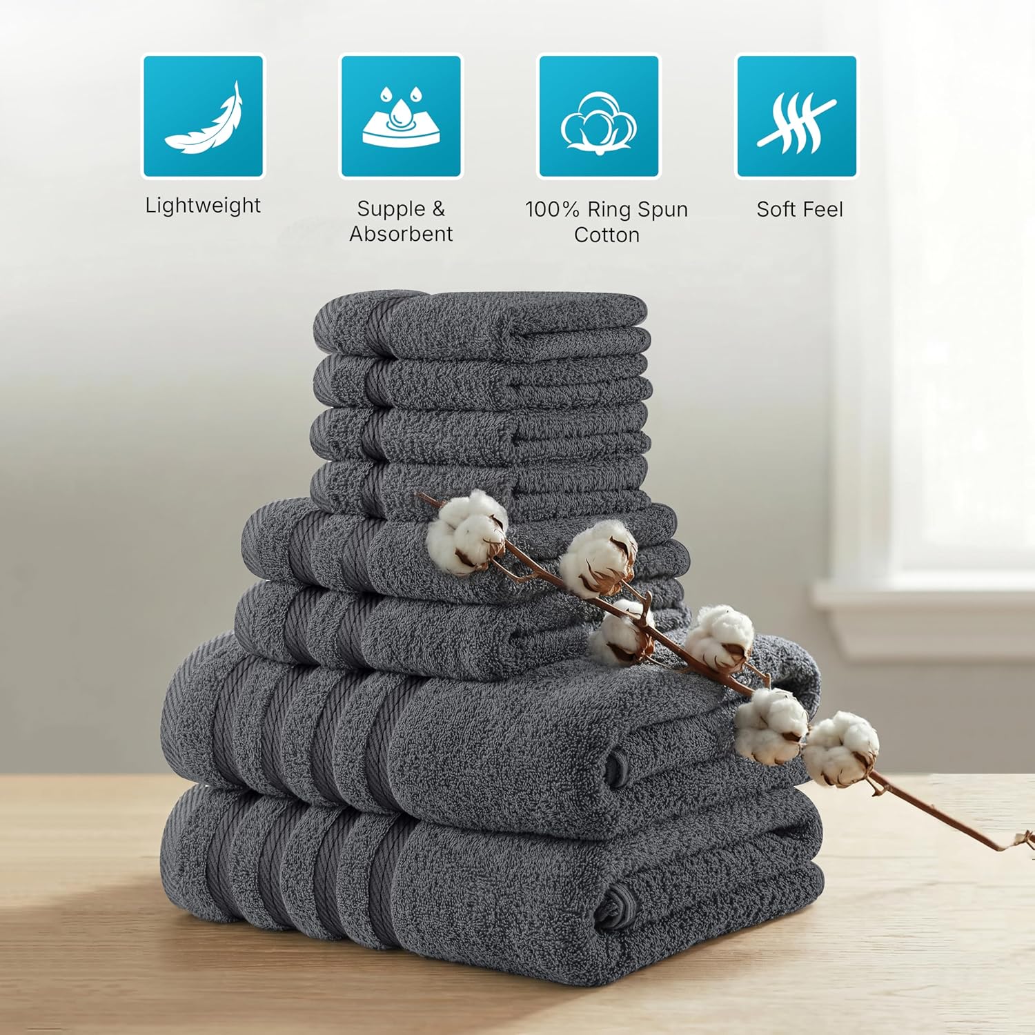 Utopia Towels 8 Piece Towel Set – Super Absorbent & Quicker-to-Dry, Thick 100% Ring Spun Cotton Towels for Bathroom, Spa & Hotel – 2 Bath, 2 Hand, 4 Washcloths, Grey