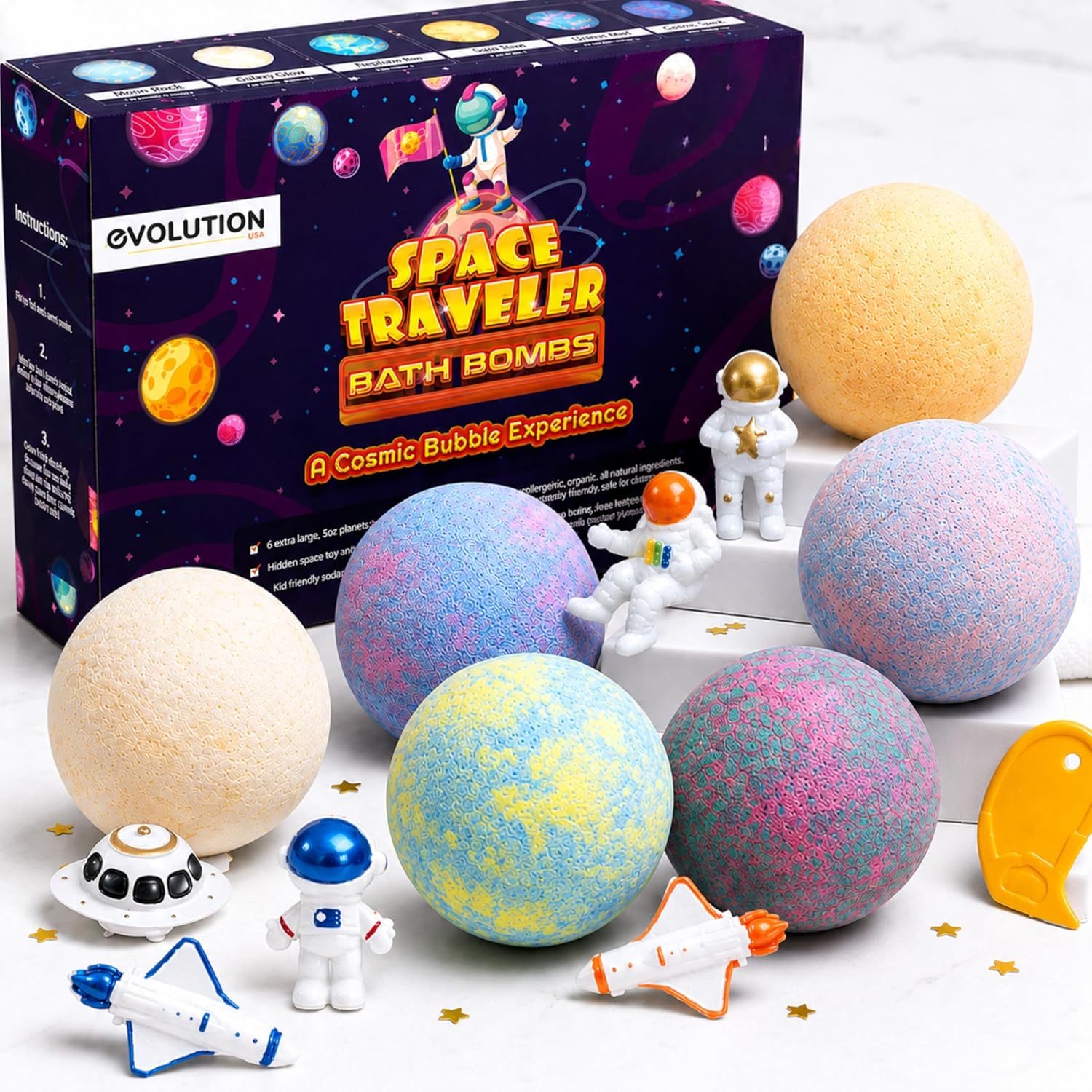 EvolutionUSA 6 Space Bath Bombs for Boys & Girls - Planet Bath Bombs Toy Inside, Organic Childrens Bathbomb Set, Cosmic Bath Fizzers, Kid Bath Bomb Gift for Valentines, Birthday, Christmas, Easter