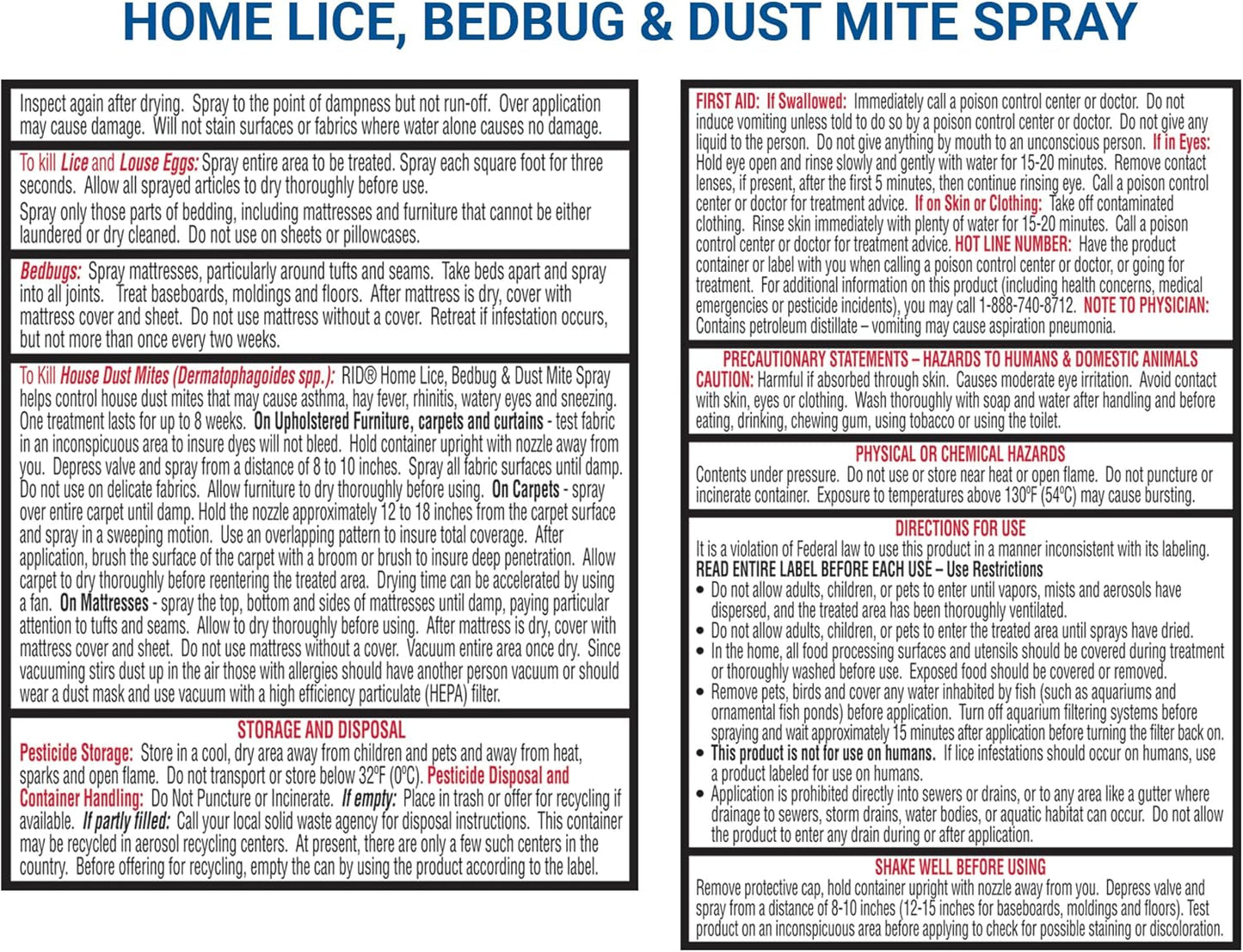 Rid Home Lice Bed Bug Dust Mite Spray Home Treatment Spray with Permethrin Kills Lice and Lice Eggs on Mattresses Furniture Car Interiors and Other Nonwashable Items Spray Can, 5 Ounce