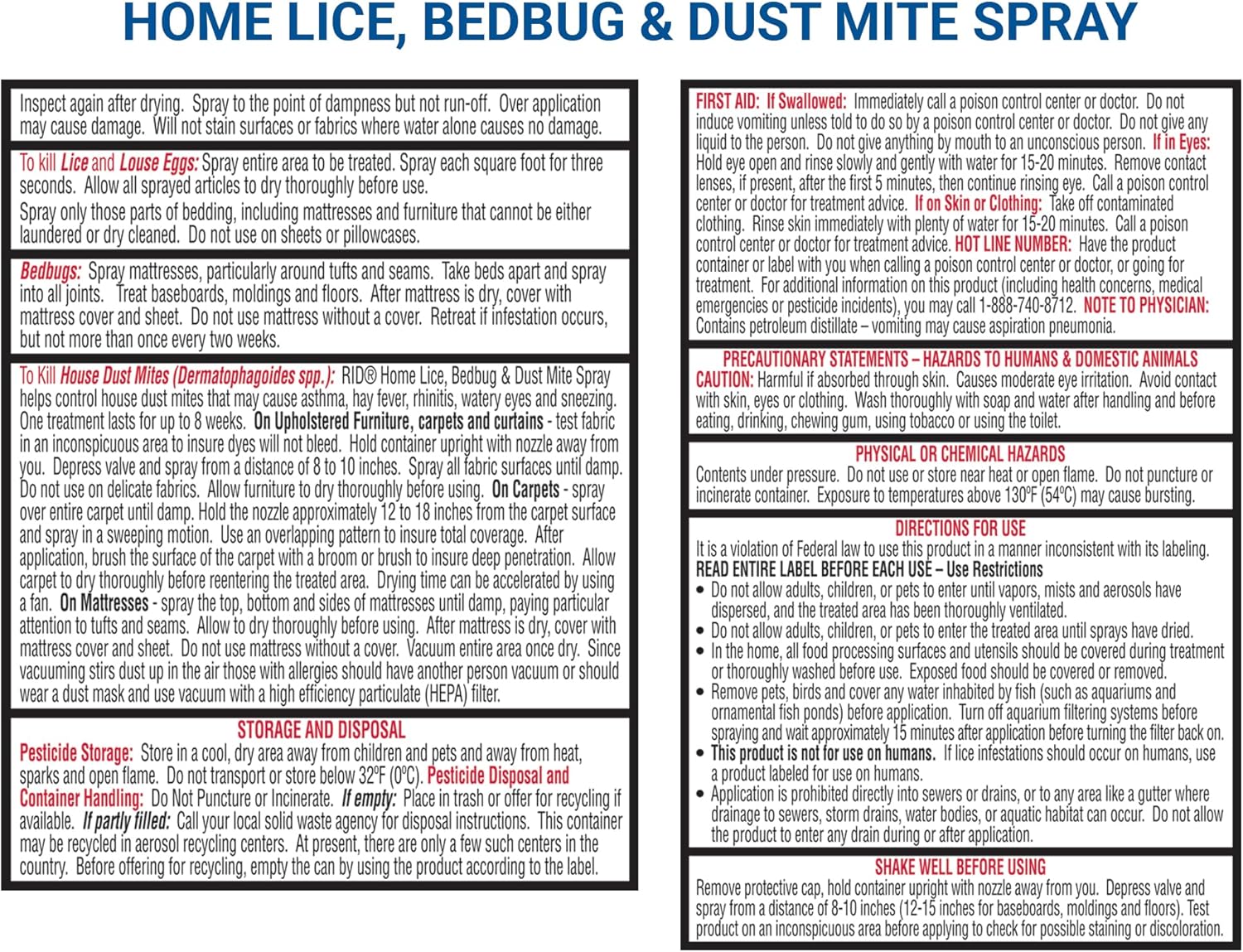 Rid Home Lice Bed Bug Dust Mite Spray Home Treatment Spray with Permethrin Kills Lice and Lice Eggs on Mattresses Furniture Car Interiors and Other Nonwashable Items Spray Can, 5 Ounce